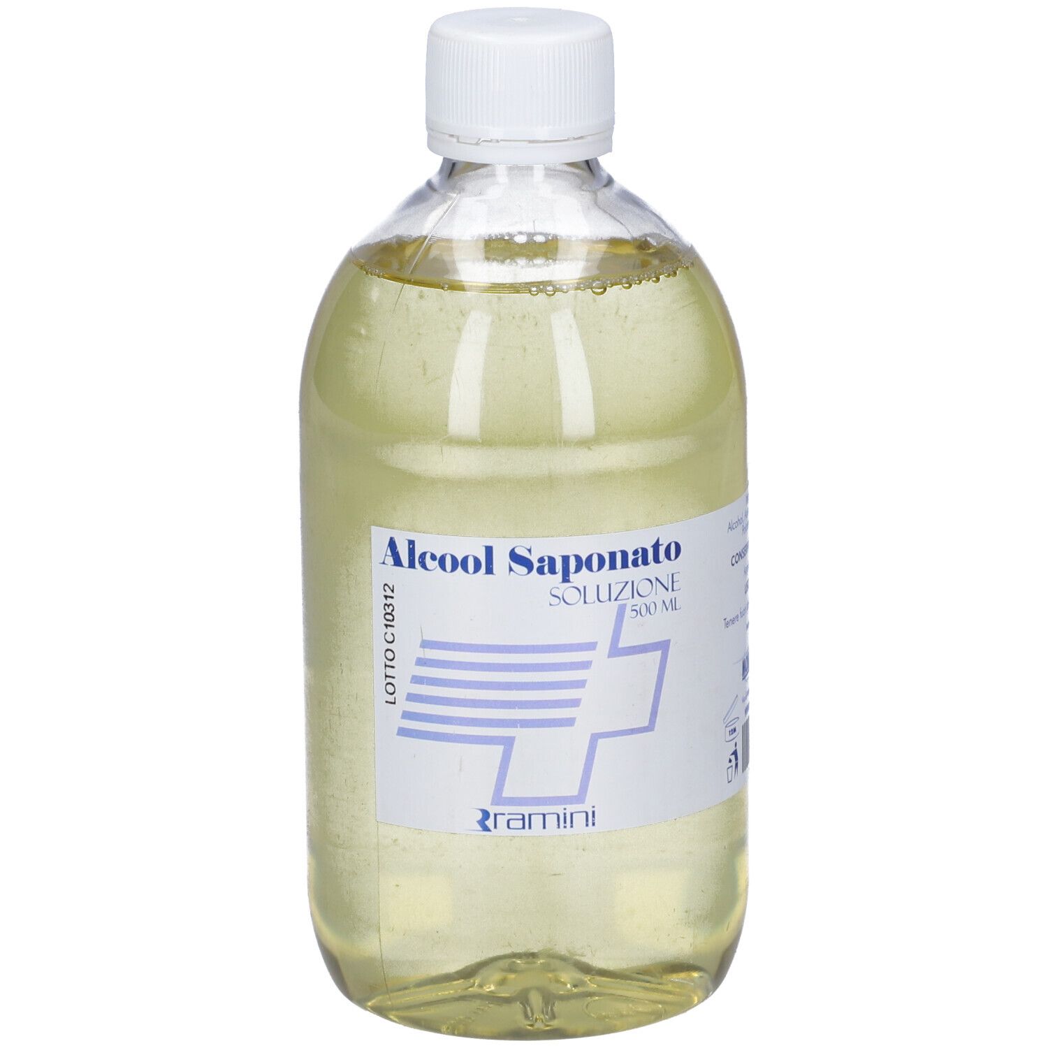Flacone trasparente con tappo bianco. Scritta: Alcool Saponato Soluzione. Etichetta con logo e testo.