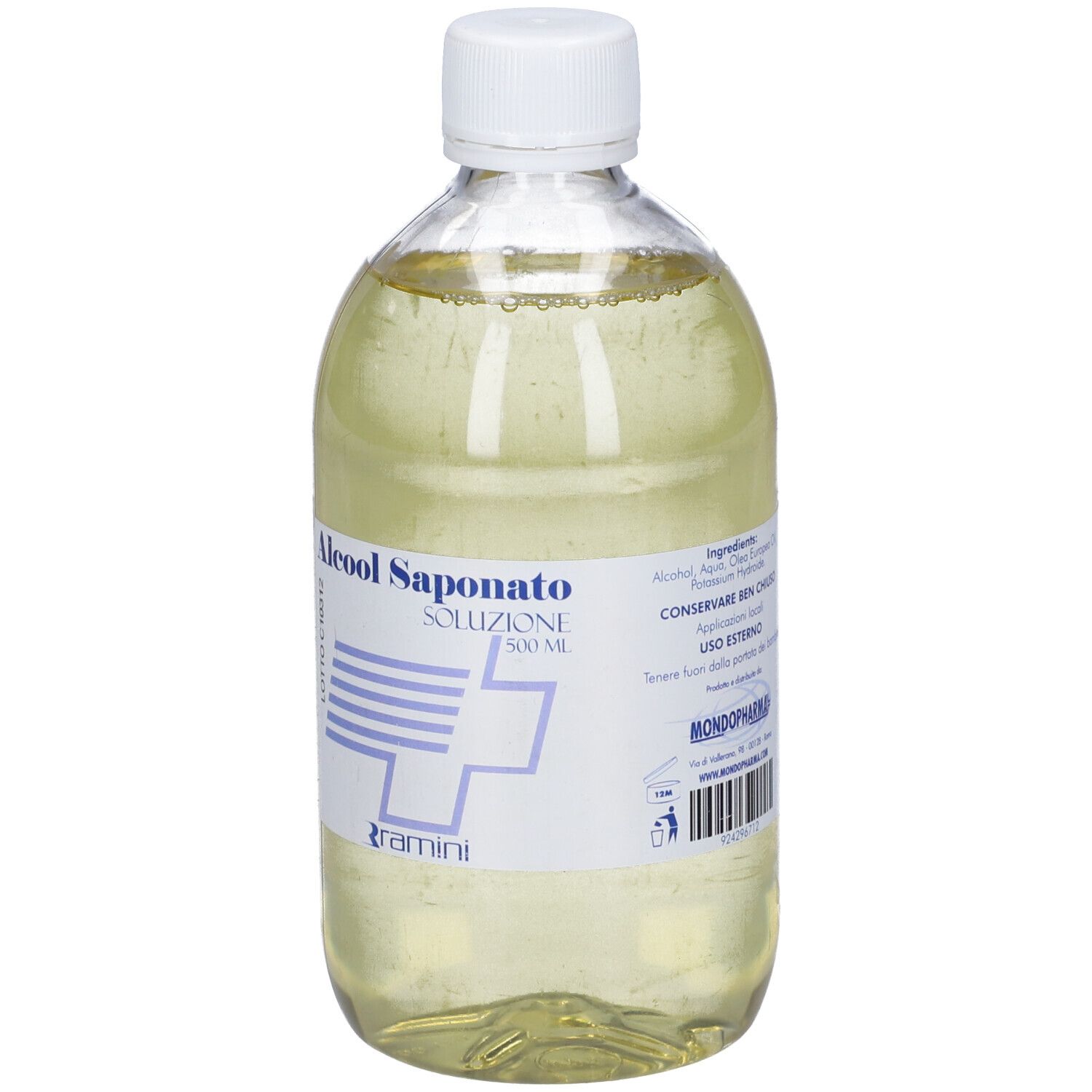 Flacone trasparente con tappo bianco. Scritta: Alcool Saponato Soluzione. Etichetta con logo e testo.