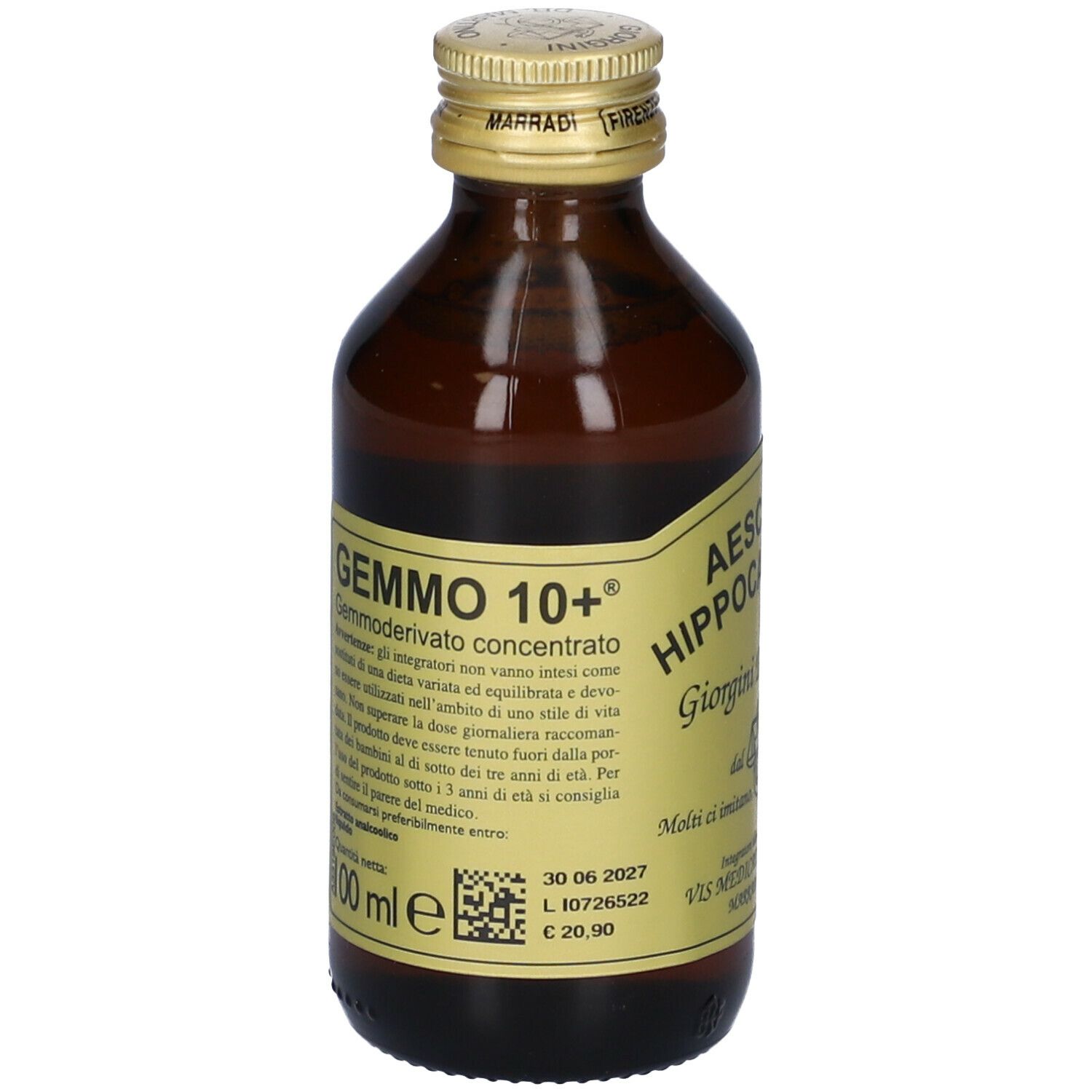 Flacone di vetro marrone con tappo dorato. Etichetta con nome del prodotto, produttore e informazioni sul contenuto.