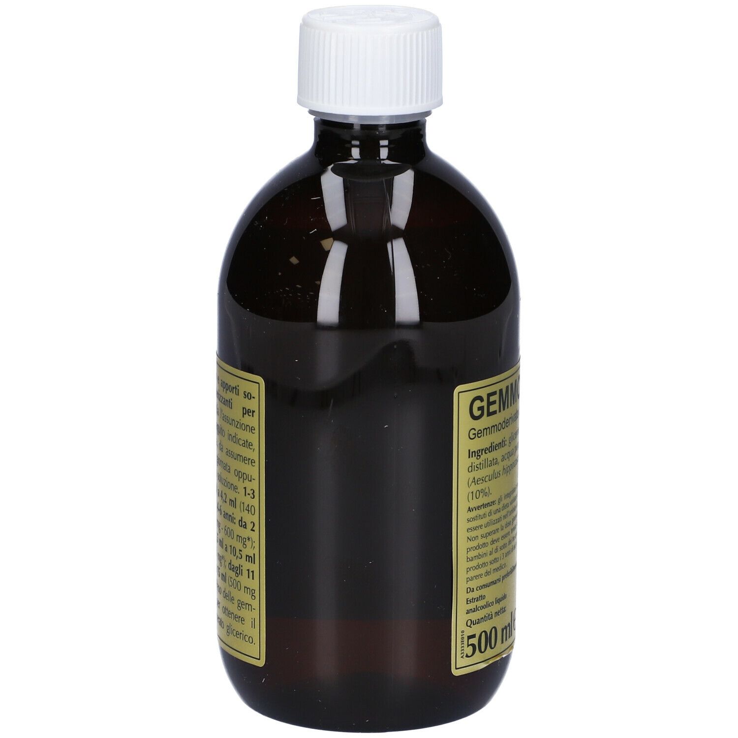 Bottiglia marrone con tappo bianco. Scritta: Gemmo 10+, Aesculus Hippocastanum. Etichetta con informazioni, 500 ml.