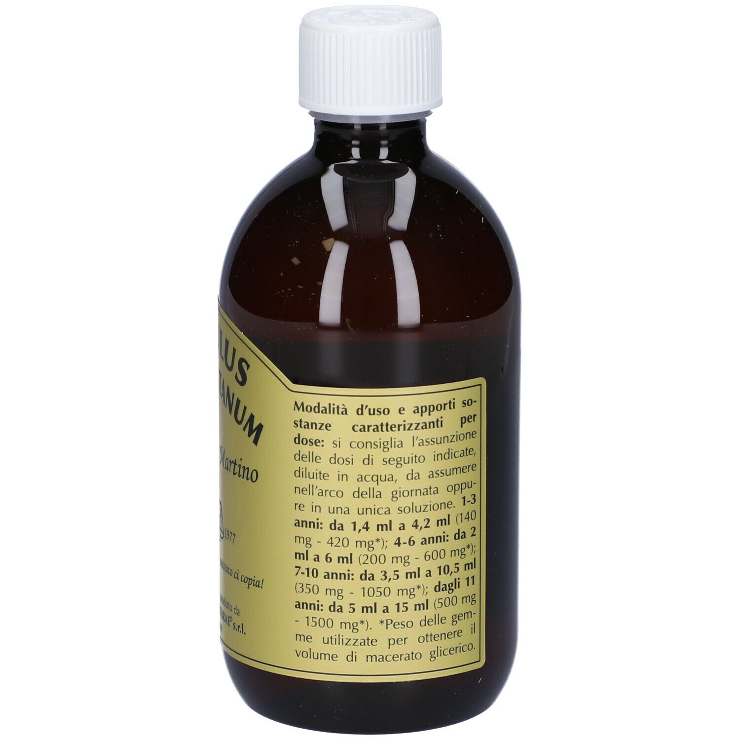 Bottiglia marrone con tappo bianco. Scritta: Gemmo 10+, Aesculus Hippocastanum. Etichetta con informazioni, 500 ml.