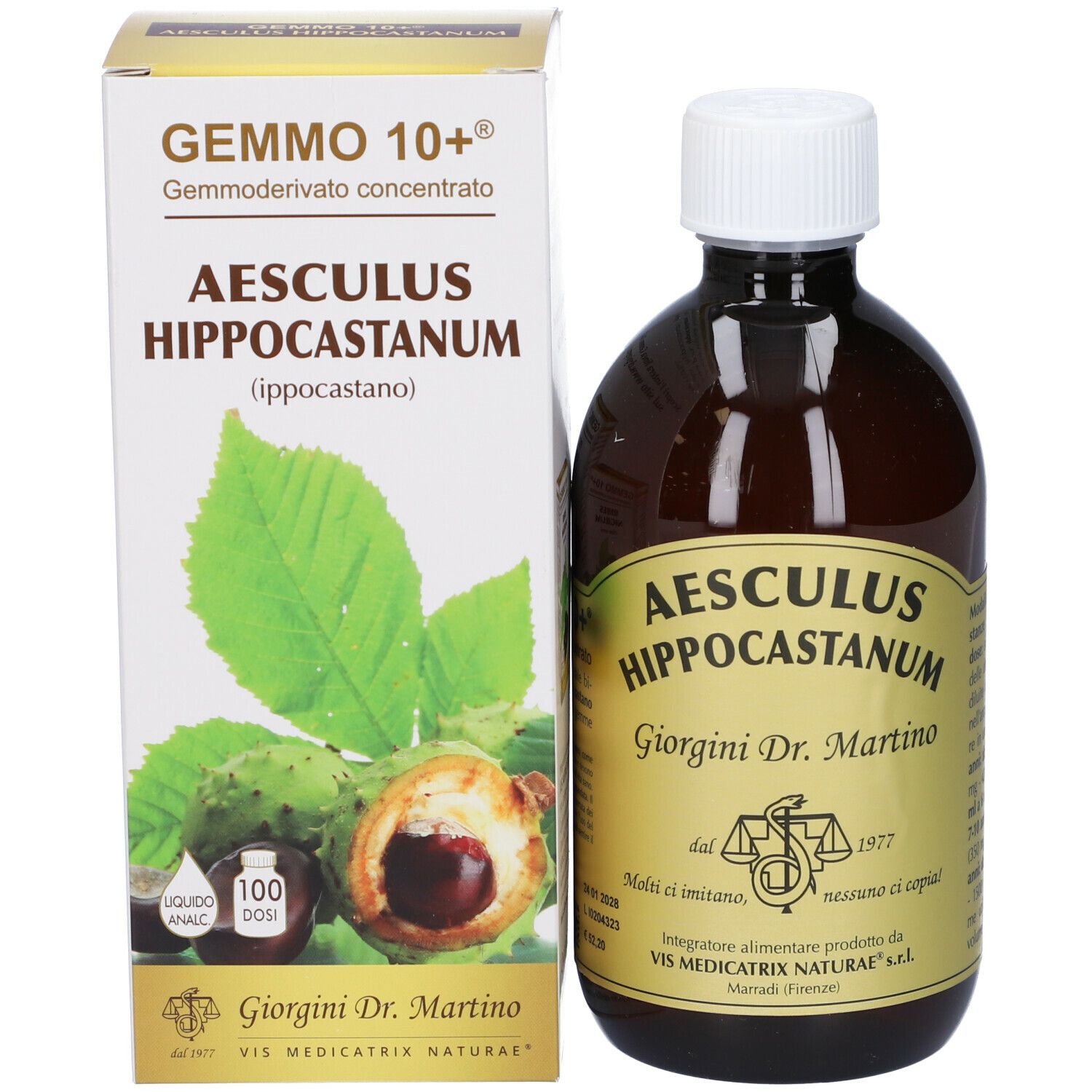 Bottiglia e confezione del prodotto. Scritta: Gemmo 10+, Aesculus Hippocastanum. Immagine di castagne.