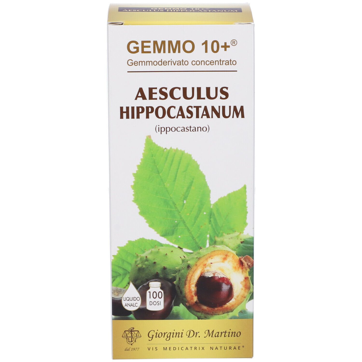 Confezione del prodotto. Scritta: Gemmo 10+, Aesculus Hippocastanum. Immagine di castagne e foglie.