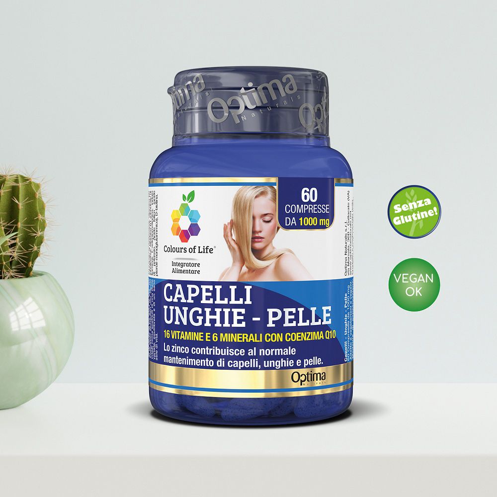 Barattolo blu da 60 compresse. Certificato senza glutine e vegano. Per capelli, unghie e pelle.