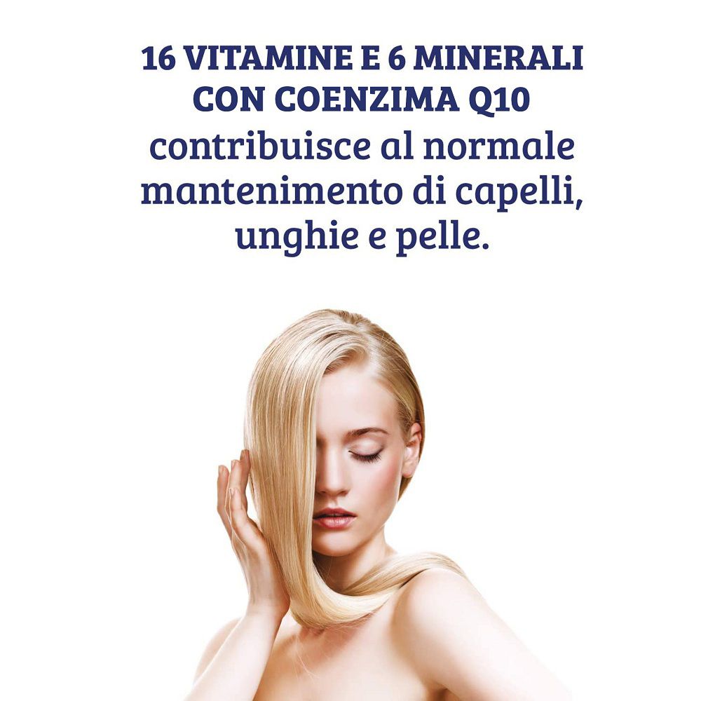 Primo piano degli ingredienti: 16 vitamine, 6 minerali, coenzima Q10 per capelli, unghie e pelle.
