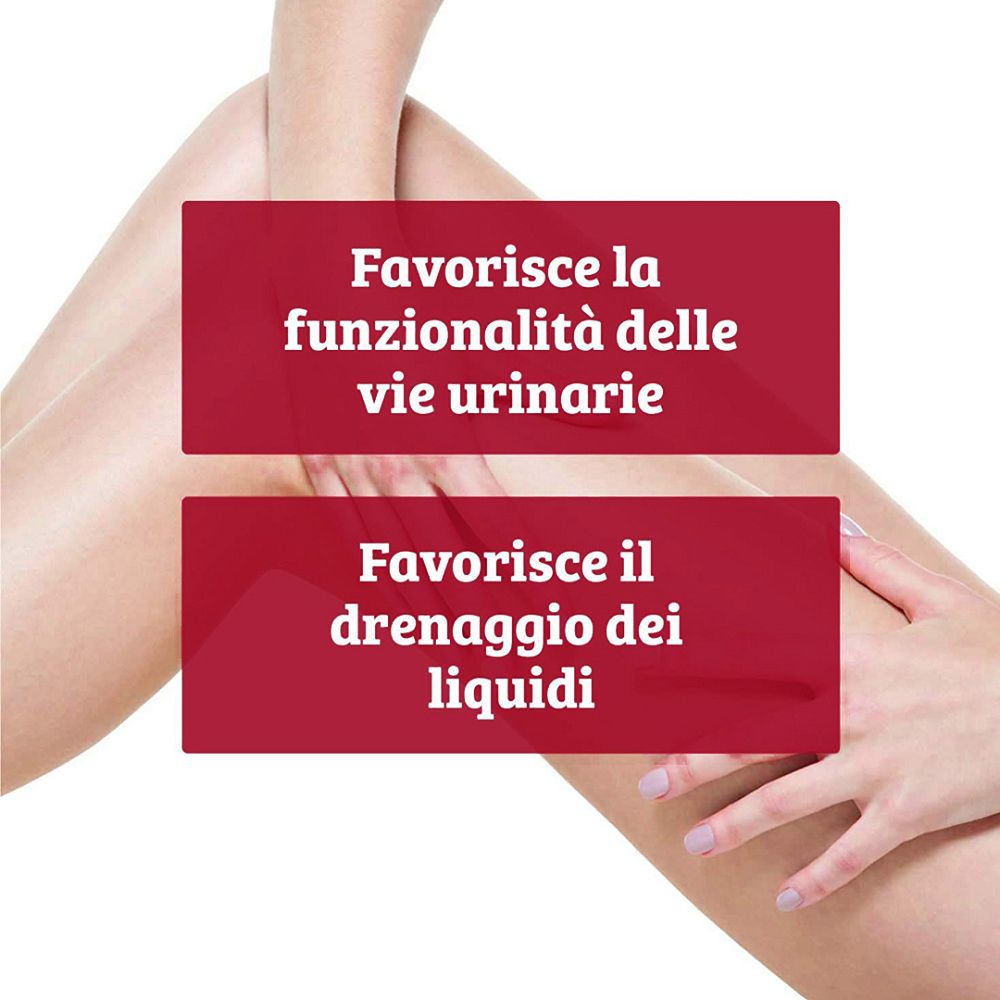 Gambe femminili con riquadri di testo che evidenziano la funzionalità delle vie urinarie e il drenaggio dei liquidi.