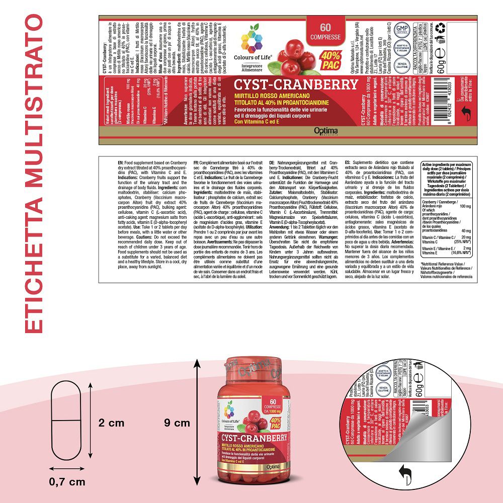 Etichetta del flacone Cysti-Cranberry con informazioni dettagliate sul prodotto e sugli ingredienti.