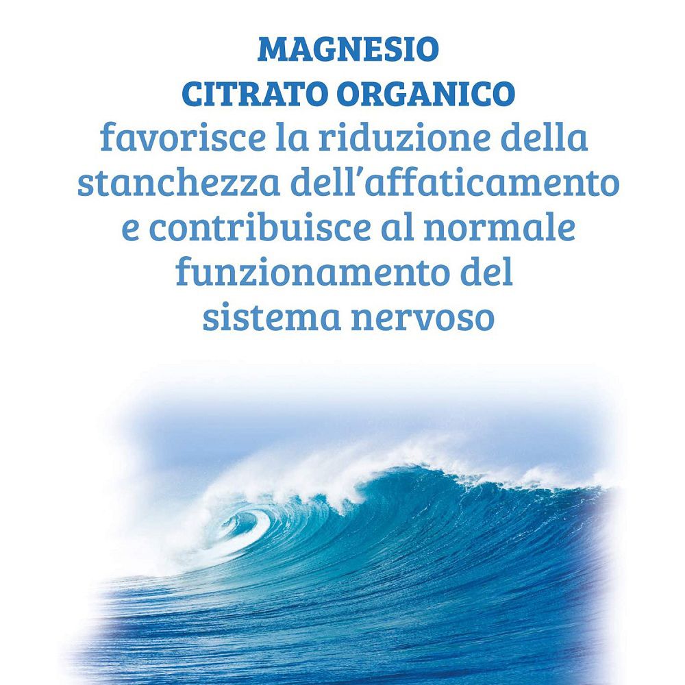 Primo piano dell'etichetta con motivo a onde e testo su stanchezza e sistema nervoso.