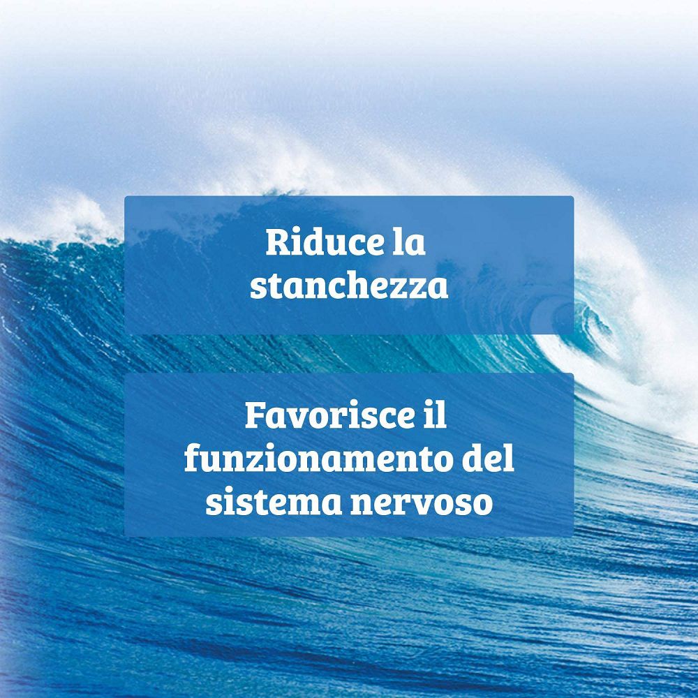 Motivo a onde con riquadri di testo: 'Riduce la stanchezza' e 'Favorisce il sistema nervoso'.