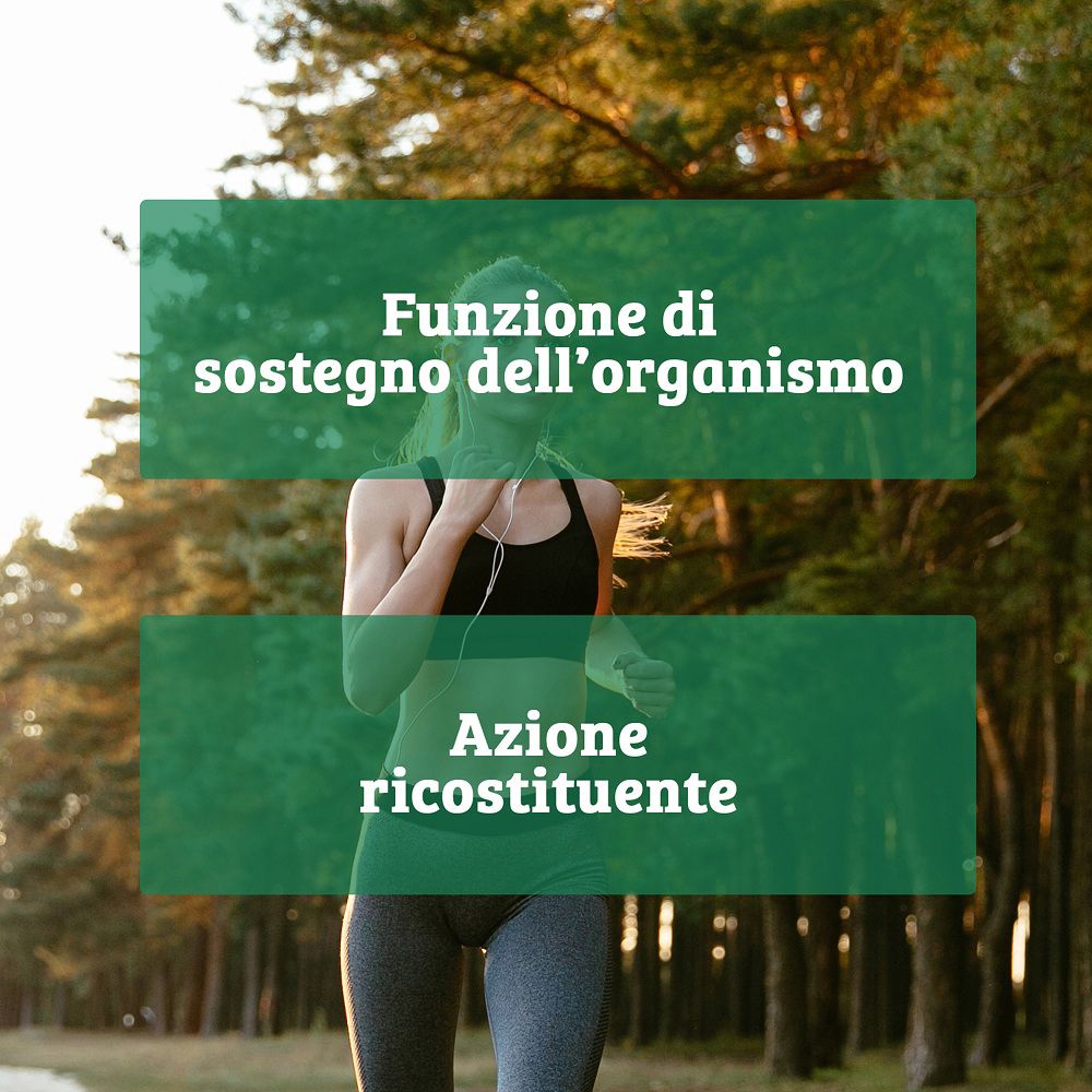 Podista all'aperto con testo sull'azione ricostituente e di sostegno.