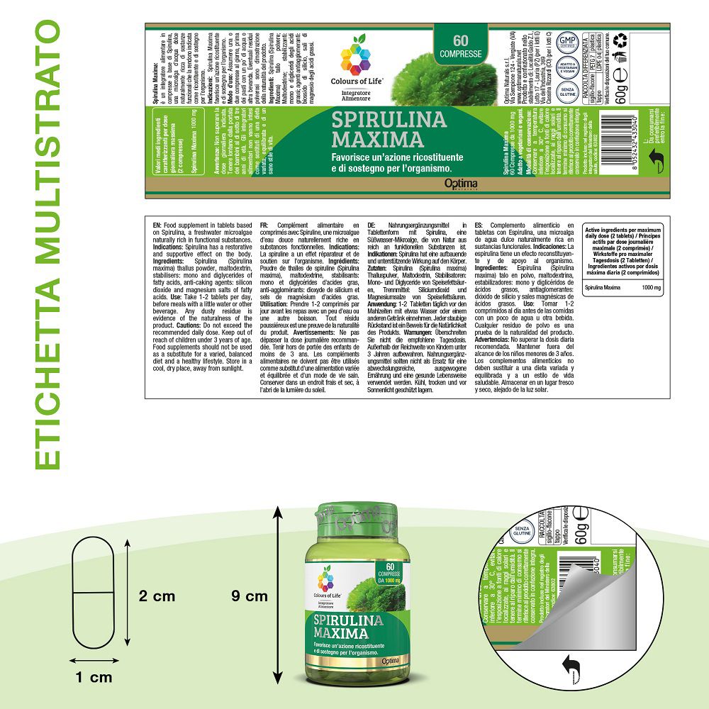 Vista laterale del barattolo verde di Spirulina Maxima con dettagli dell'etichetta.