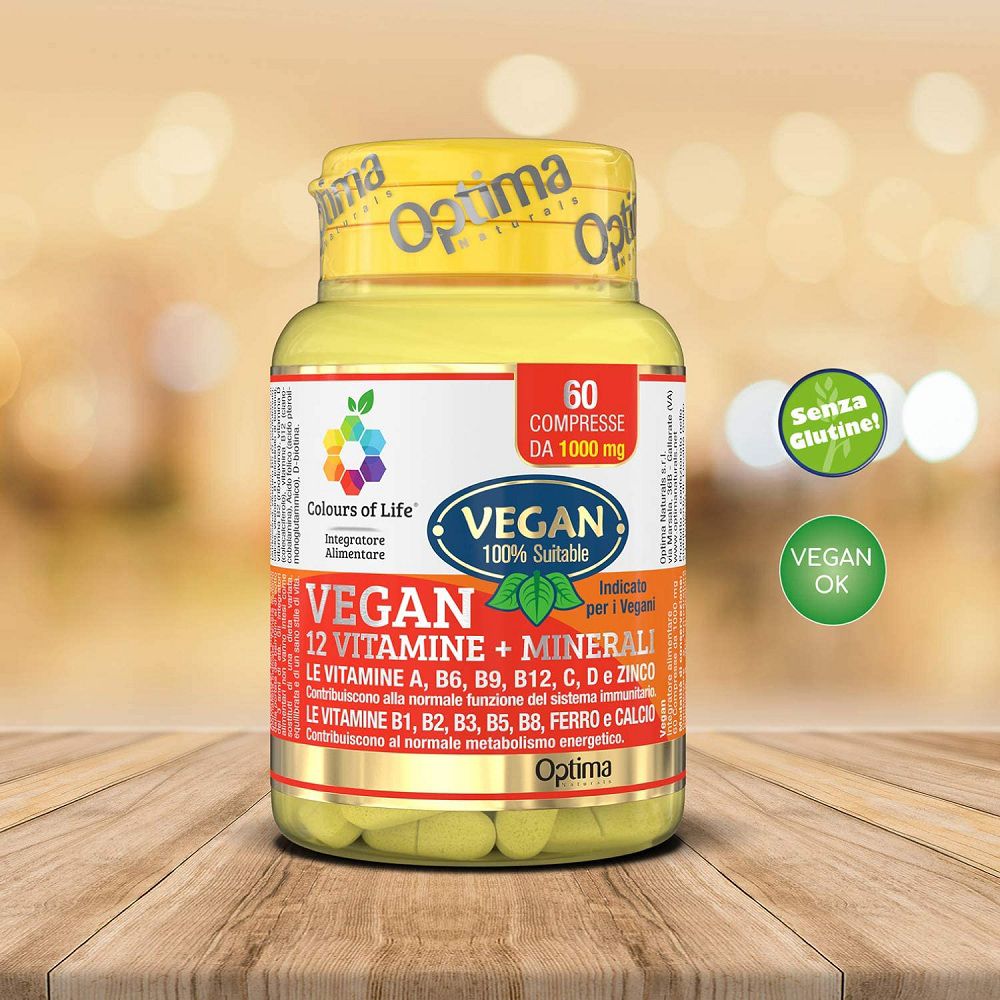 Flacone di compresse vegane di vitamine e minerali, certificato senza glutine e vegan.