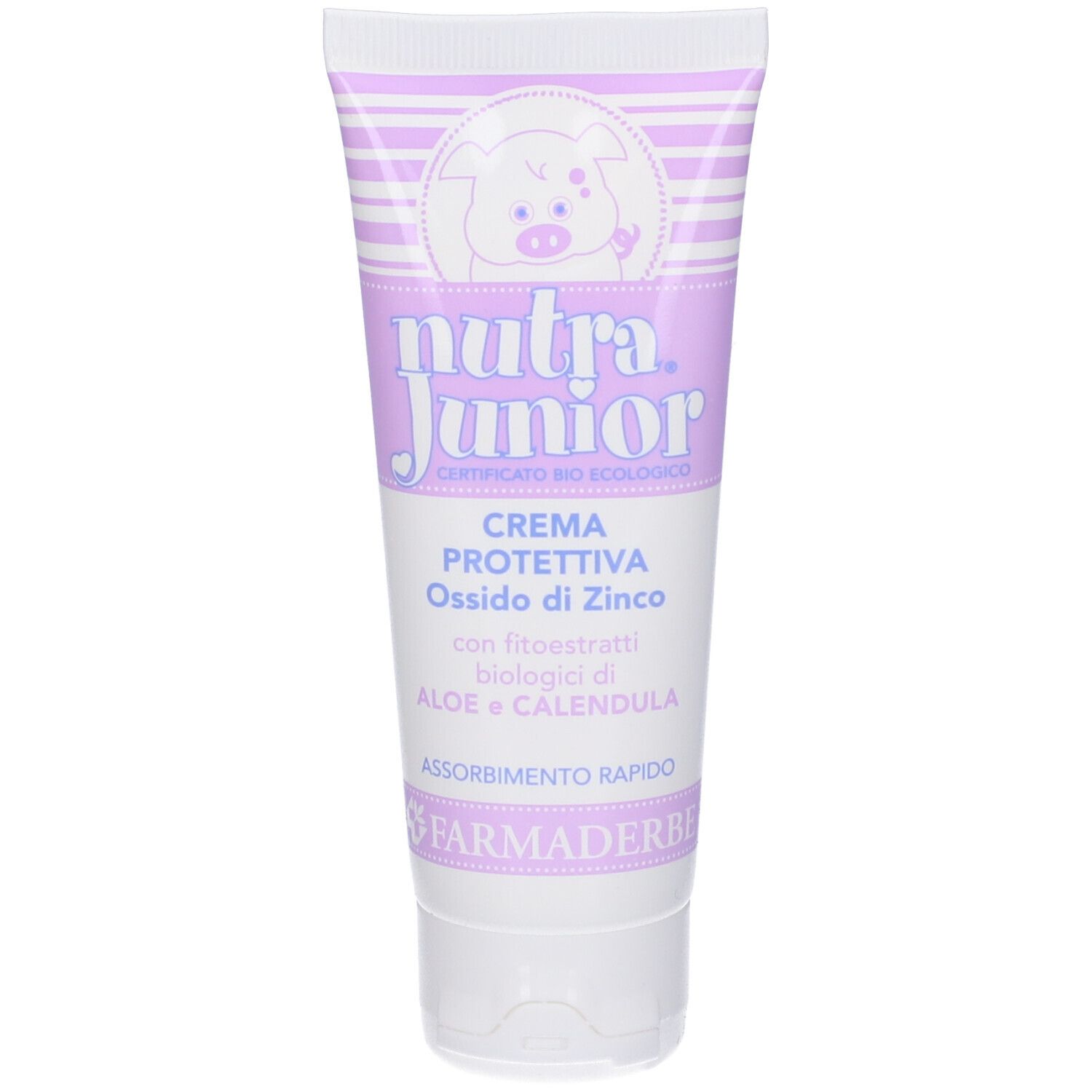 Tubo di crema. Scritta: Nutra Junior, Crema Protettiva, ossido di zinco, aloe e calendula. Illustrazione di maialino.