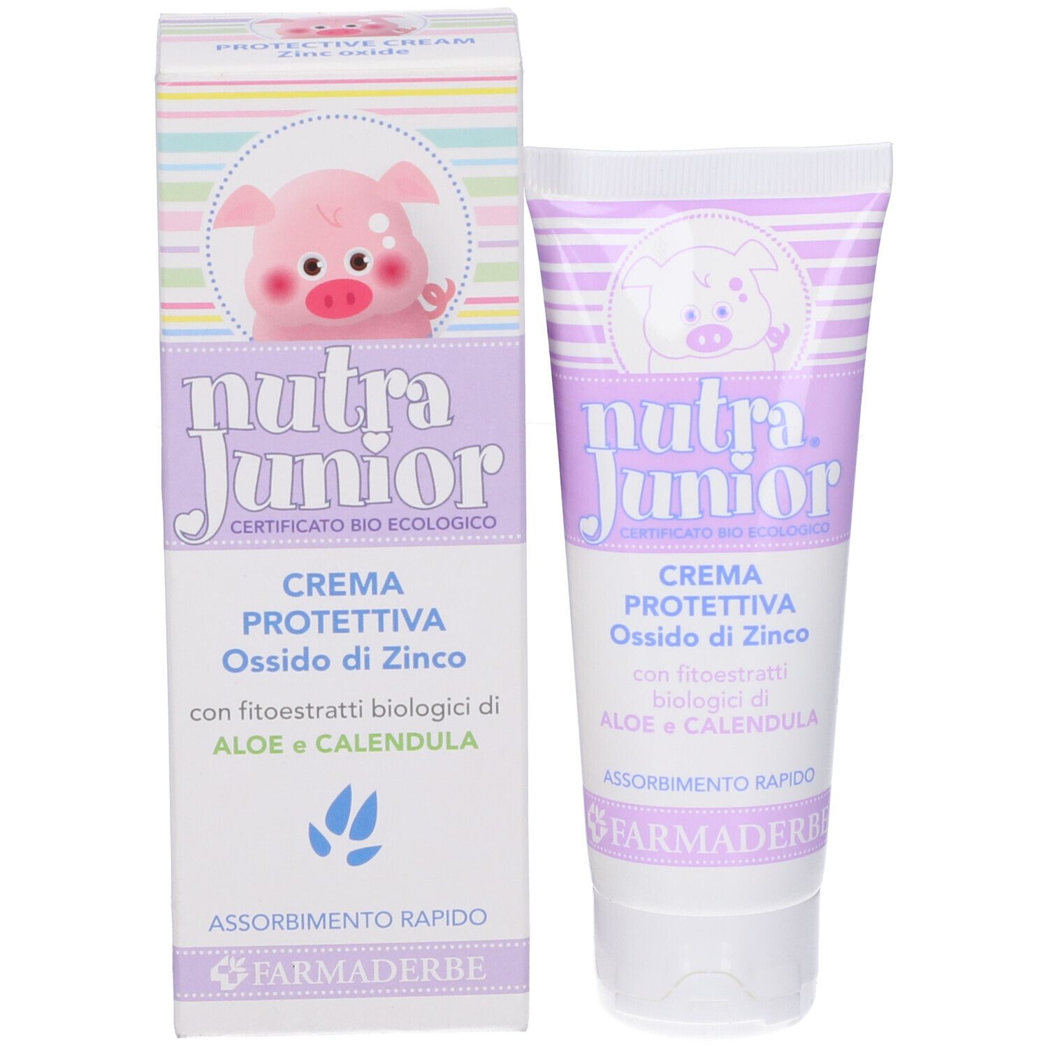 Tubo e scatola di crema. Scritta: Nutra Junior, Crema Protettiva, ossido di zinco, aloe e calendula. Illustrazione di maialino.