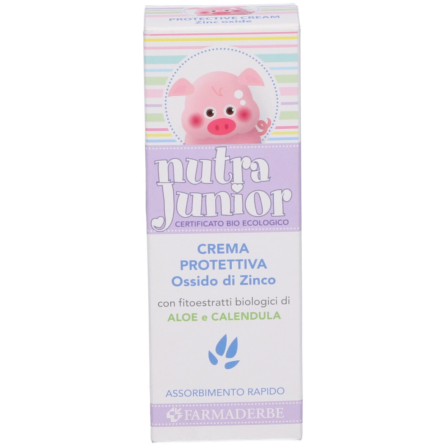 Scatola. Scritta: Nutra Junior, Crema Protettiva, ossido di zinco, aloe e calendula. Illustrazione di maialino.