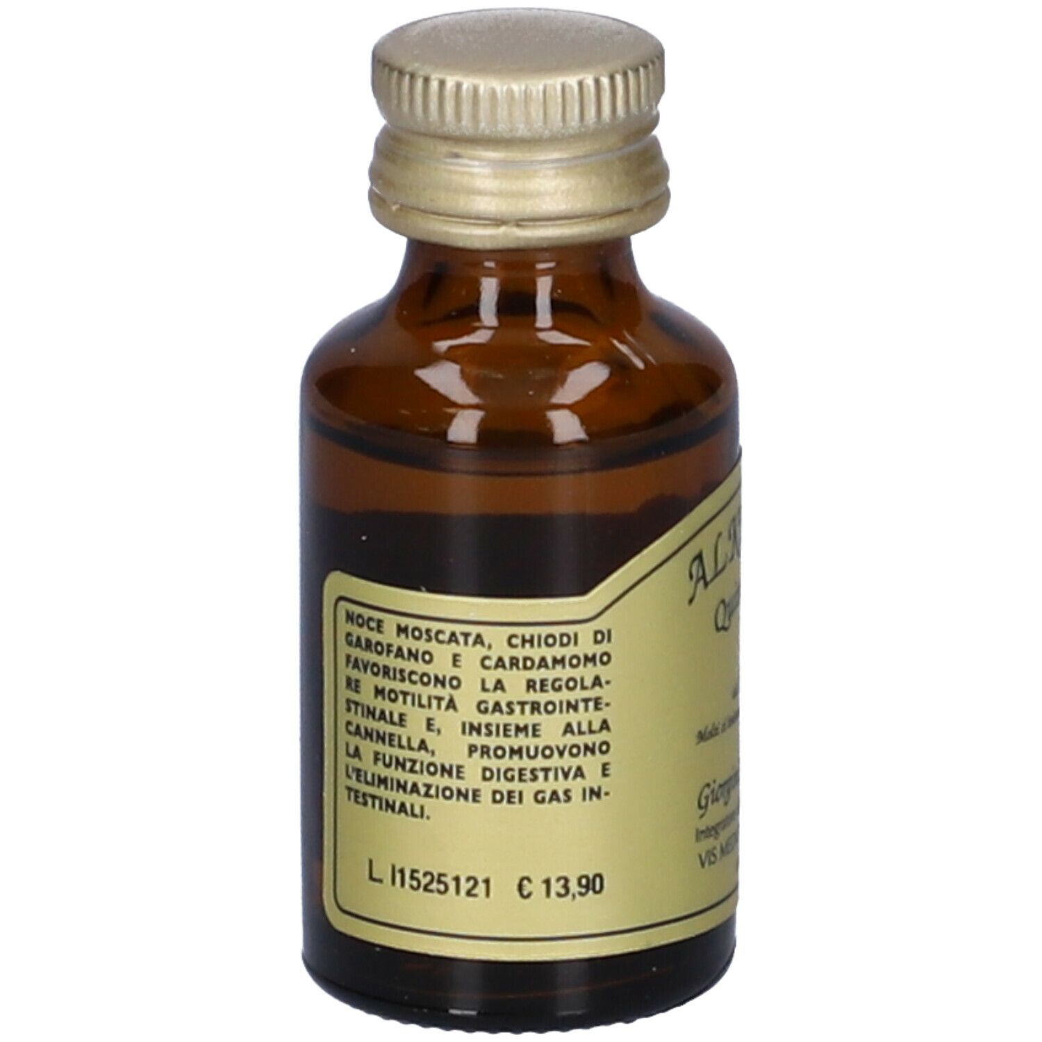 Vista posteriore di un flacone di vetro marrone con etichetta. Testo sull'etichetta: ingredienti, numero di lotto e prezzo.