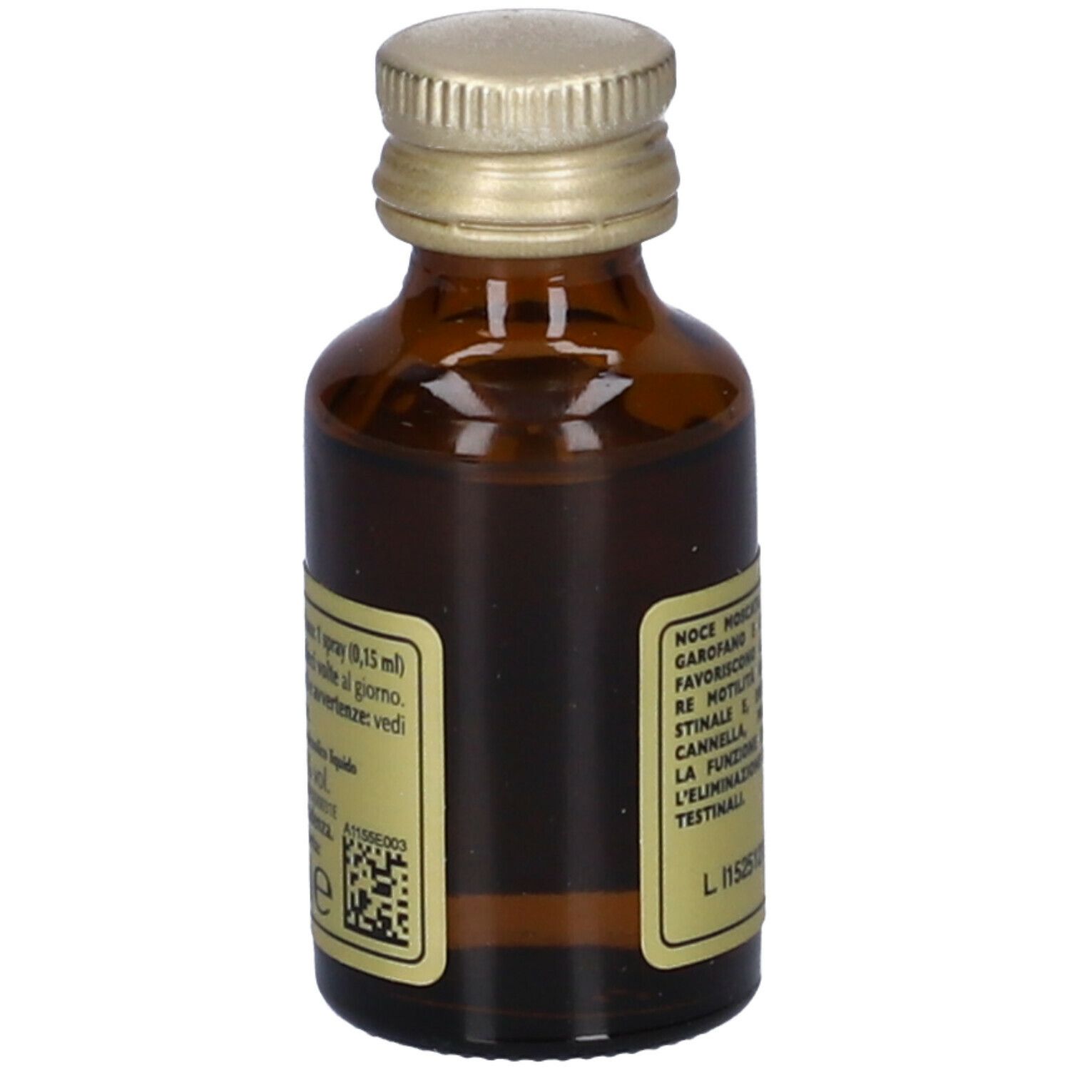 Vista posteriore di un flacone di vetro marrone con etichetta. Testo sull'etichetta: dosaggio, ingredienti e avvertenze.
