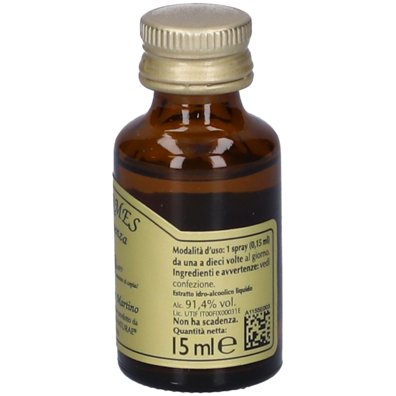 Flacone di vetro marrone con etichetta. L'etichetta riporta "Alkermes Quintessenza". Volume: 15 ml.