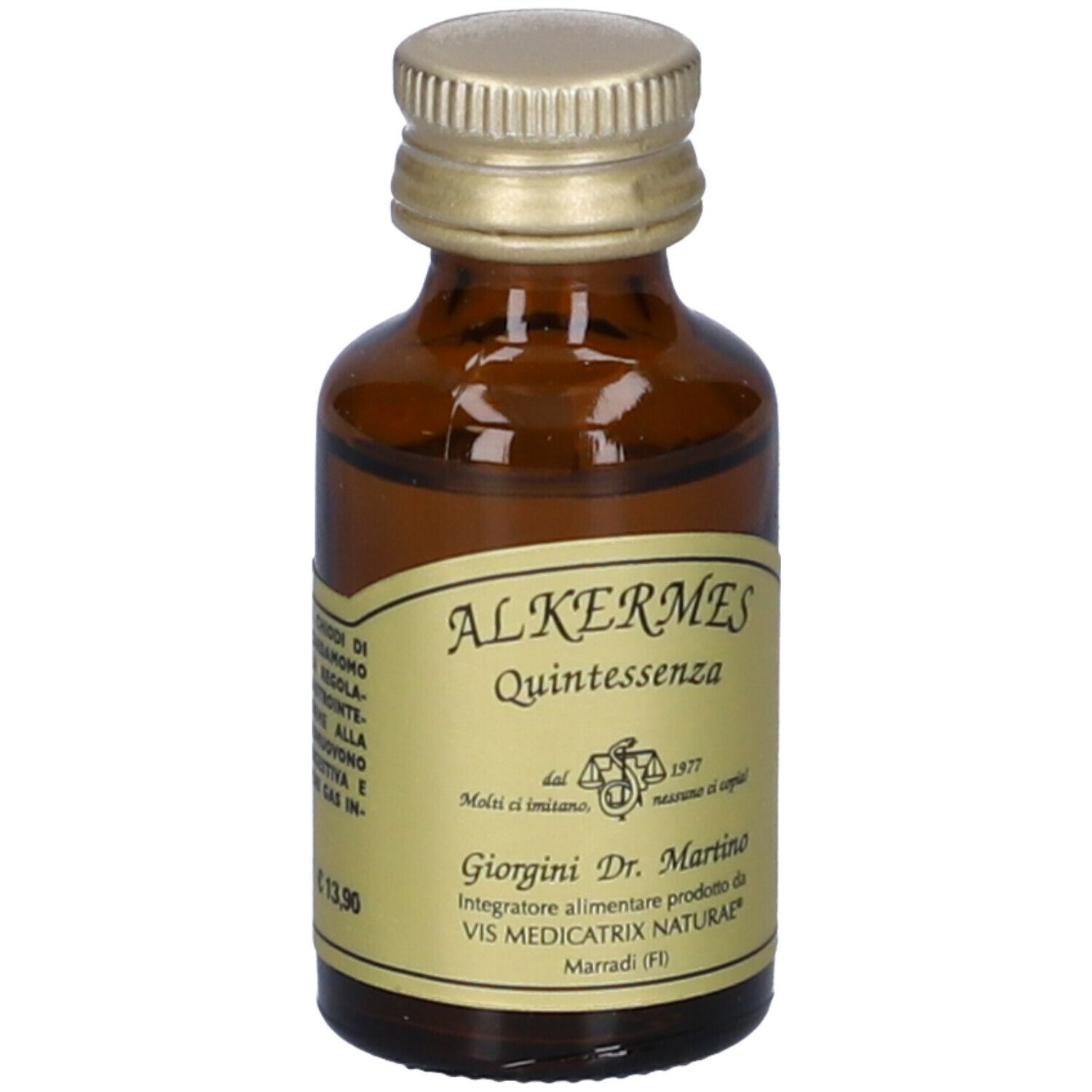Flacone di vetro marrone con etichetta. L'etichetta riporta "Alkermes Quintessenza".