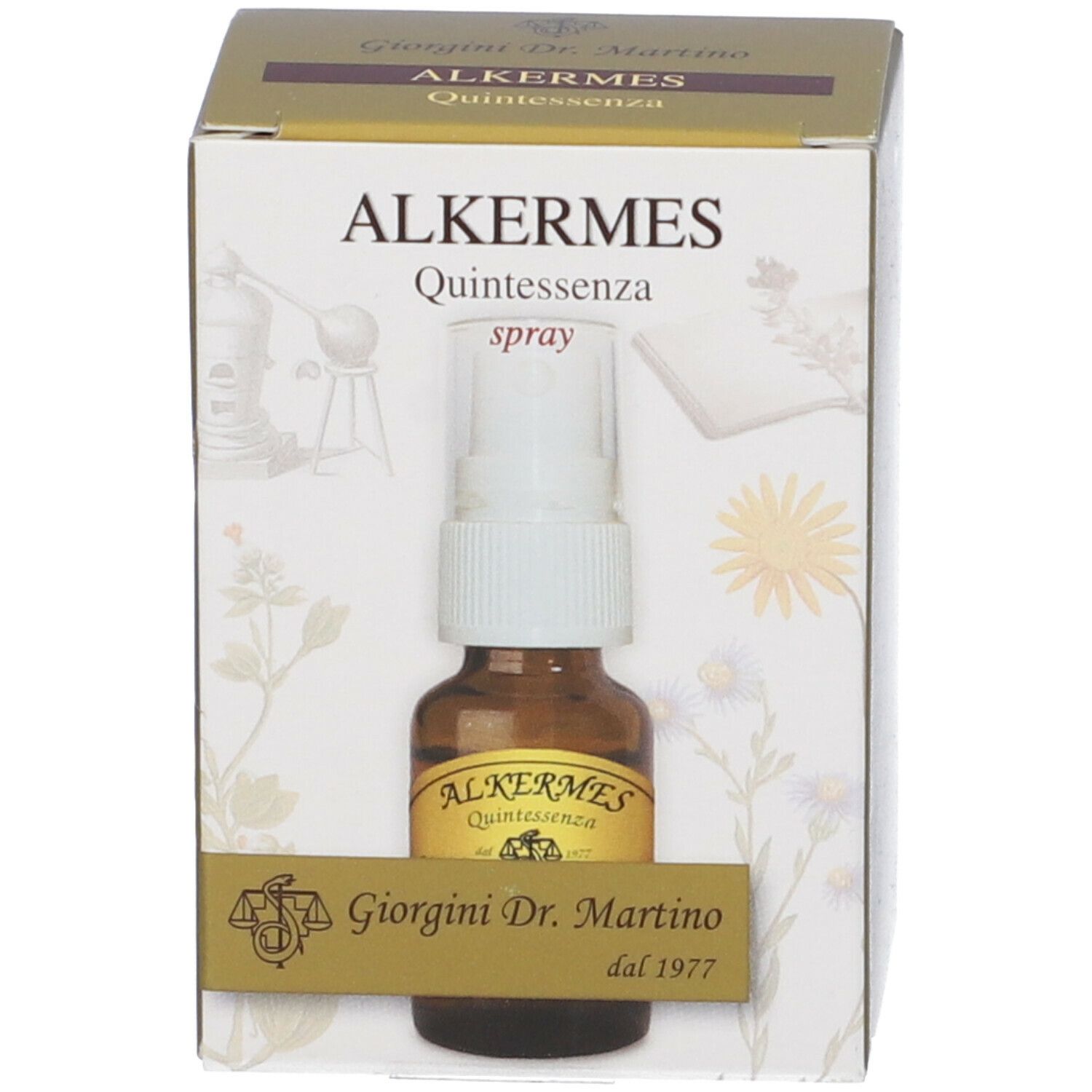Confezione del prodotto con flacone spray. Sulla confezione è scritto "Alkermes Quintessenza spray".