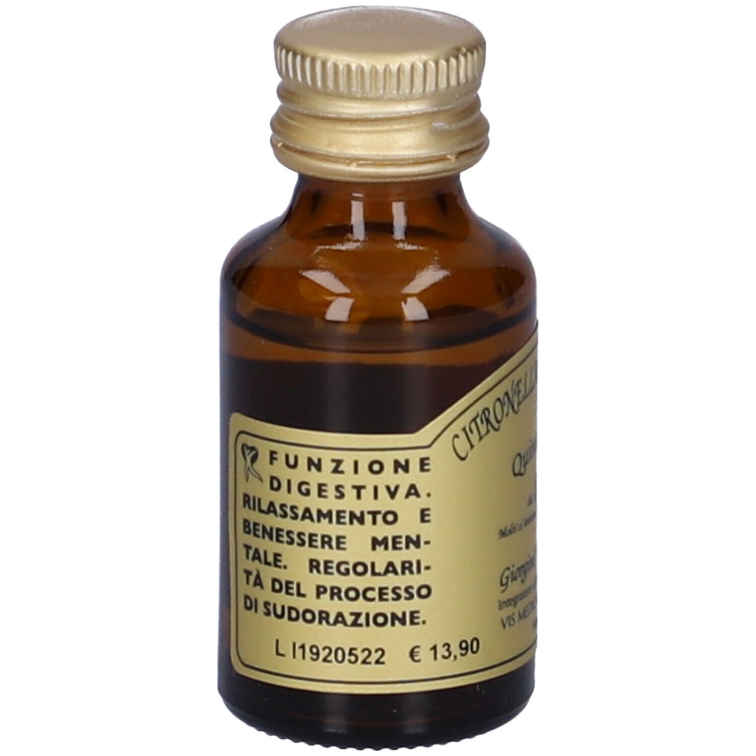 Flacone di vetro marrone con tappo dorato. Etichetta con testo: Citronella e Lemongrass Quintessenza. Testo sulla digestione.