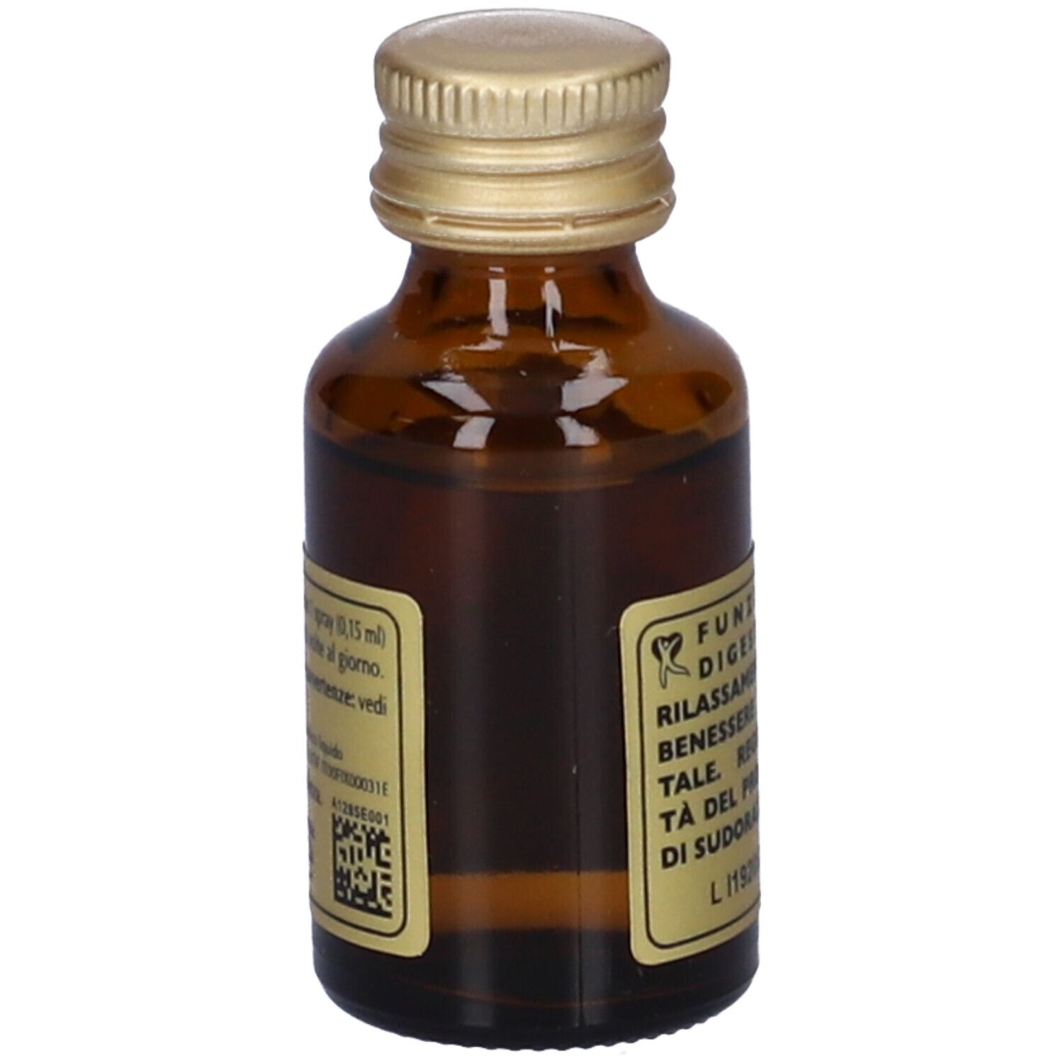 Flacone di vetro marrone con tappo dorato. Etichetta con testo: Citronella e Lemongrass Quintessenza. Retro con testo.