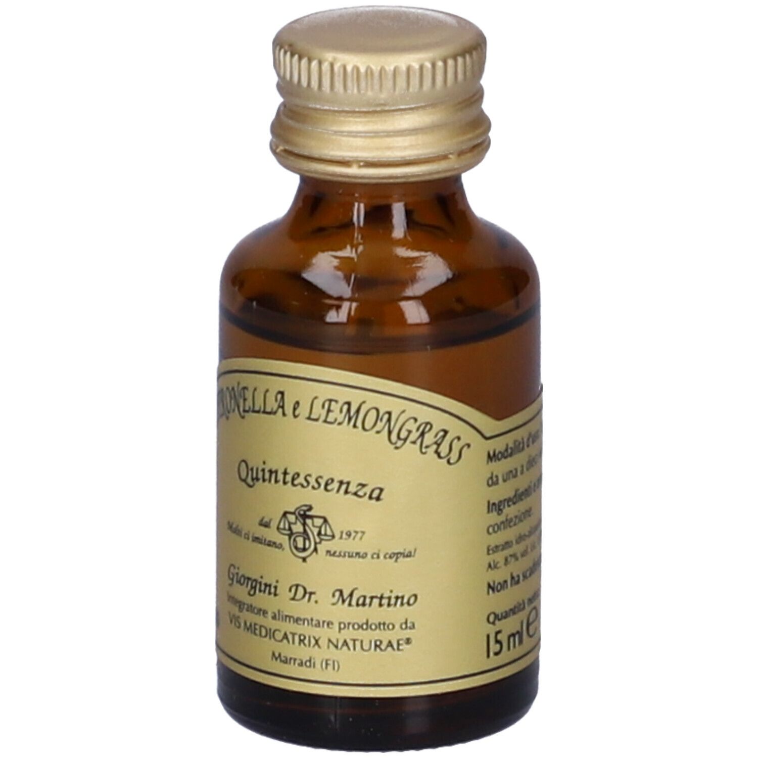 Flacone di vetro marrone con tappo dorato. Etichetta con testo: Citronella e Lemongrass Quintessenza. Logo e testo.