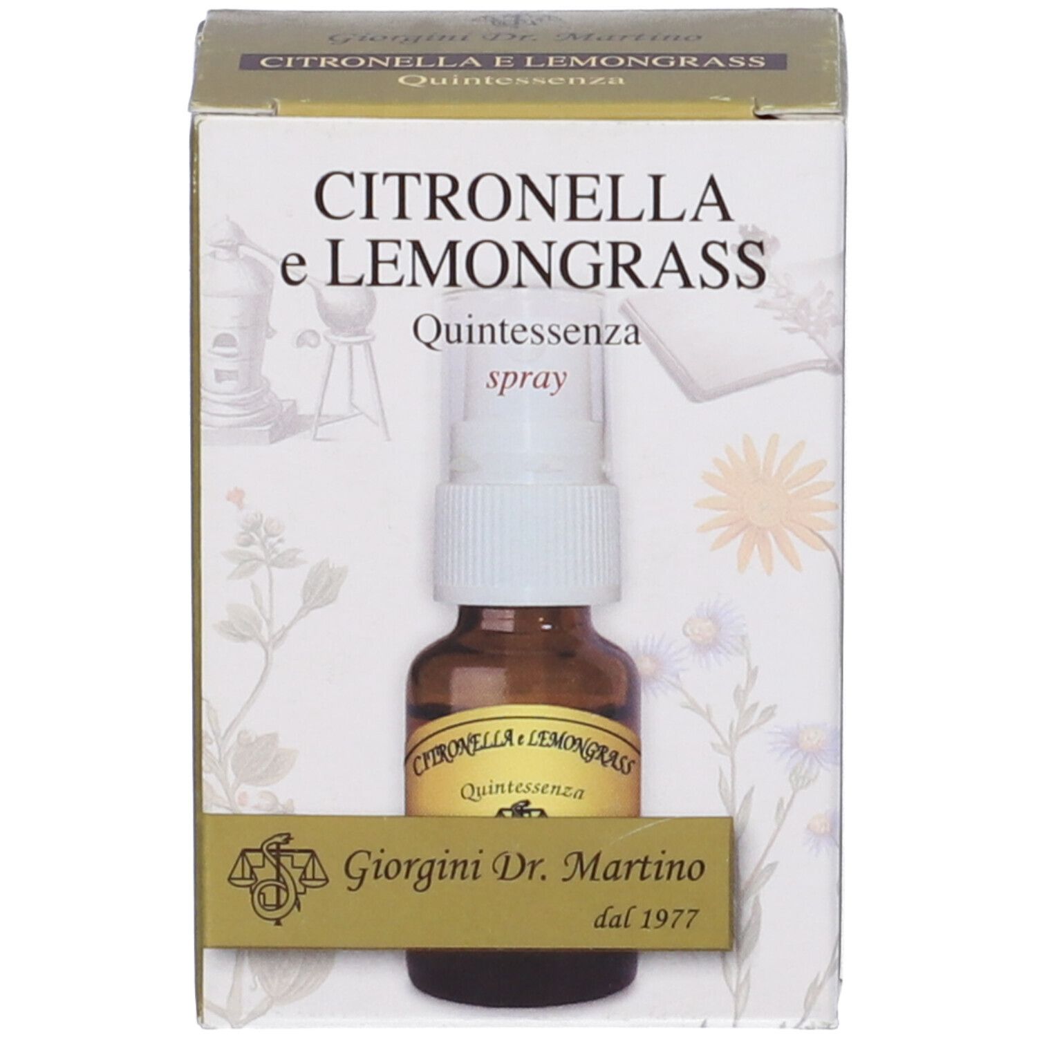 Confezione del prodotto con spray. Testo: Citronella e Lemongrass Quintessenza. Logo e testo. Sfondo floreale.