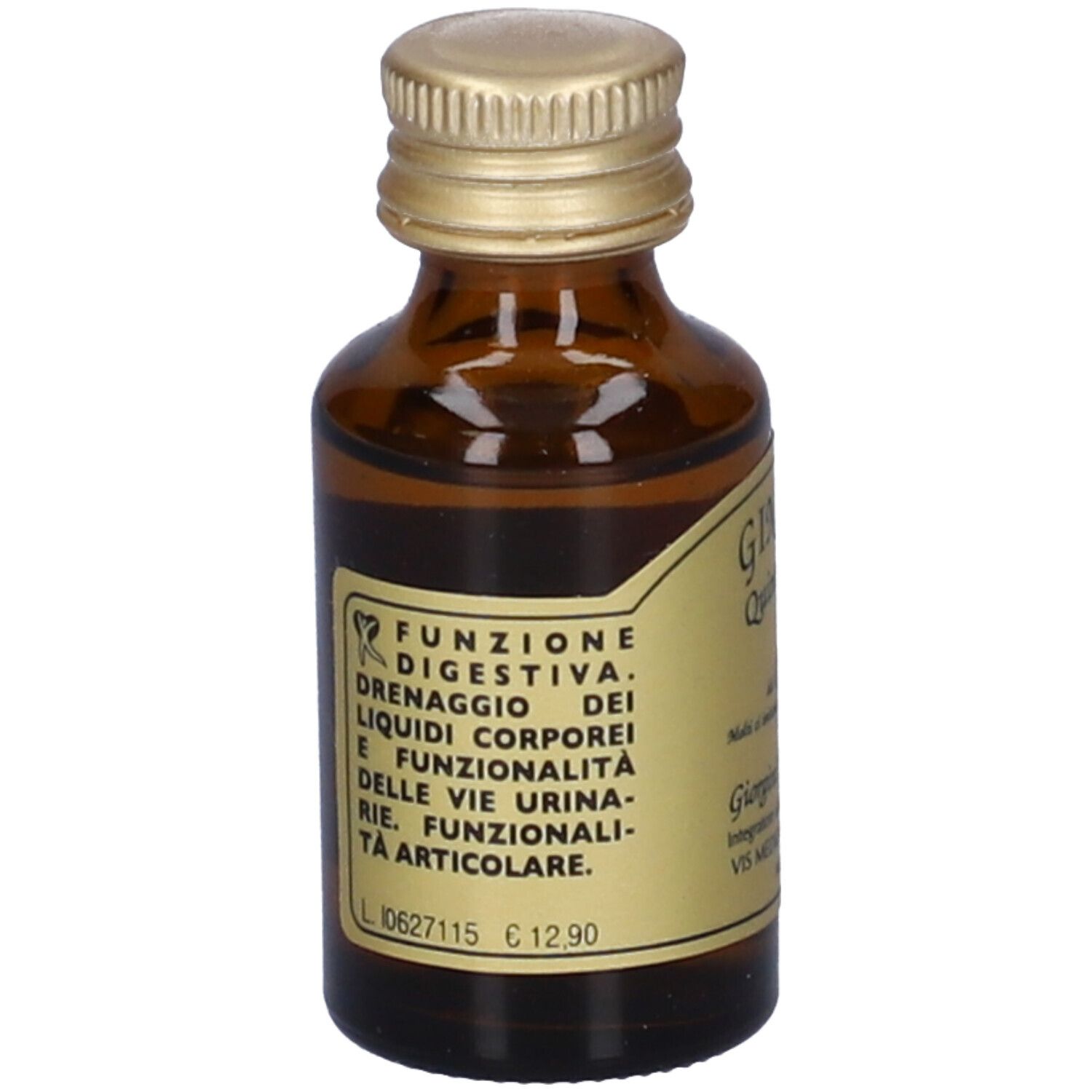 Flacone di vetro marrone con tappo dorato. Etichetta con informazioni sul prodotto e prezzo.