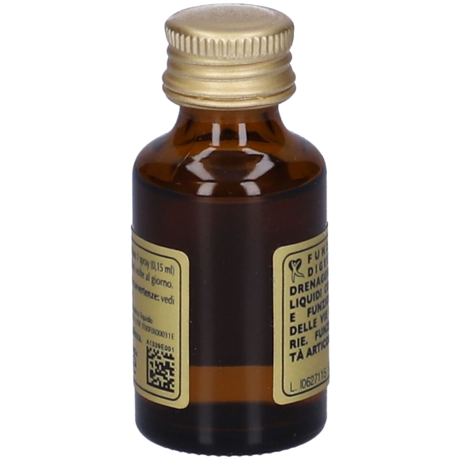 Flacone di vetro marrone con tappo dorato. Etichetta con informazioni sul prodotto e codice QR.