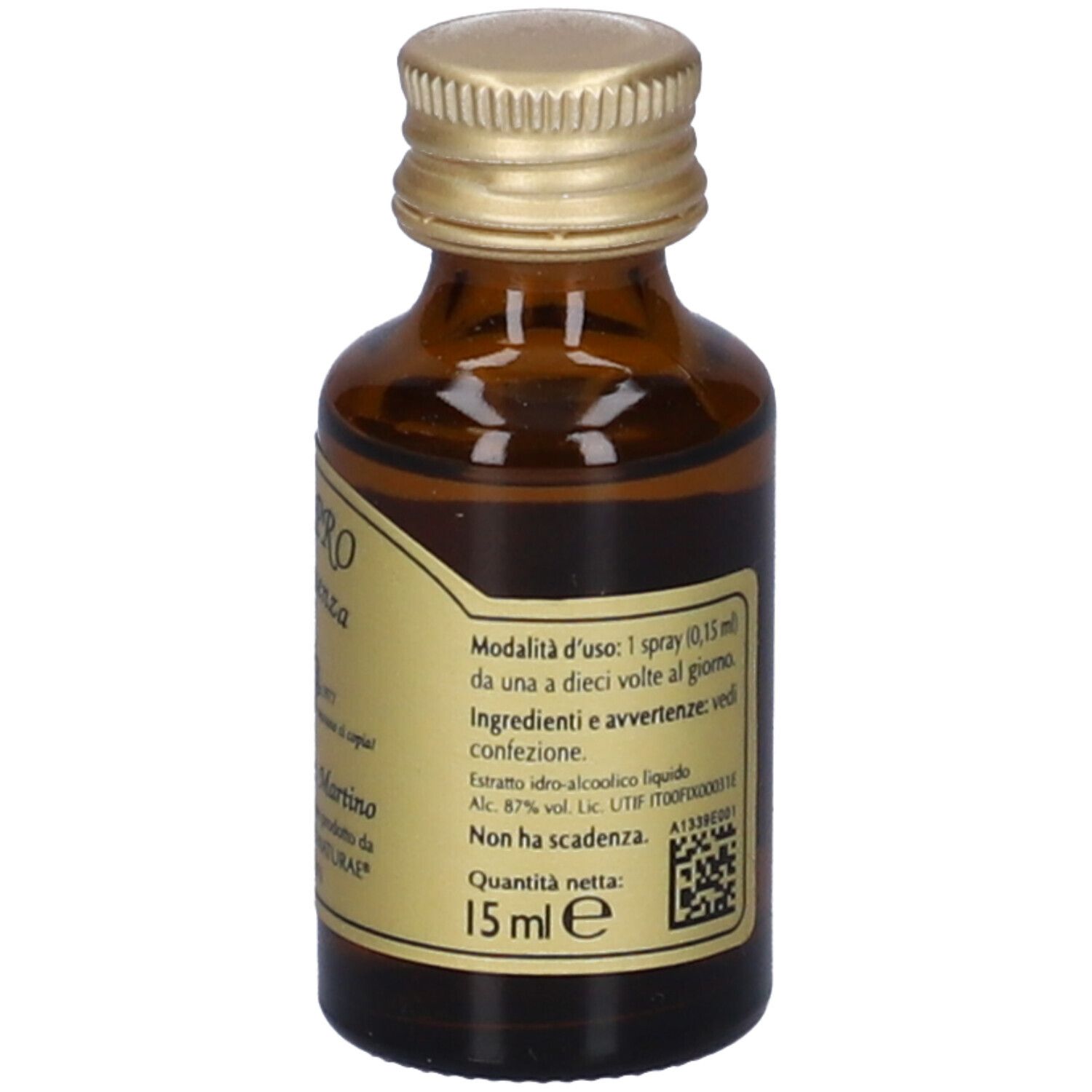 Flacone di vetro marrone con tappo dorato. Etichetta con informazioni sul prodotto e volume.