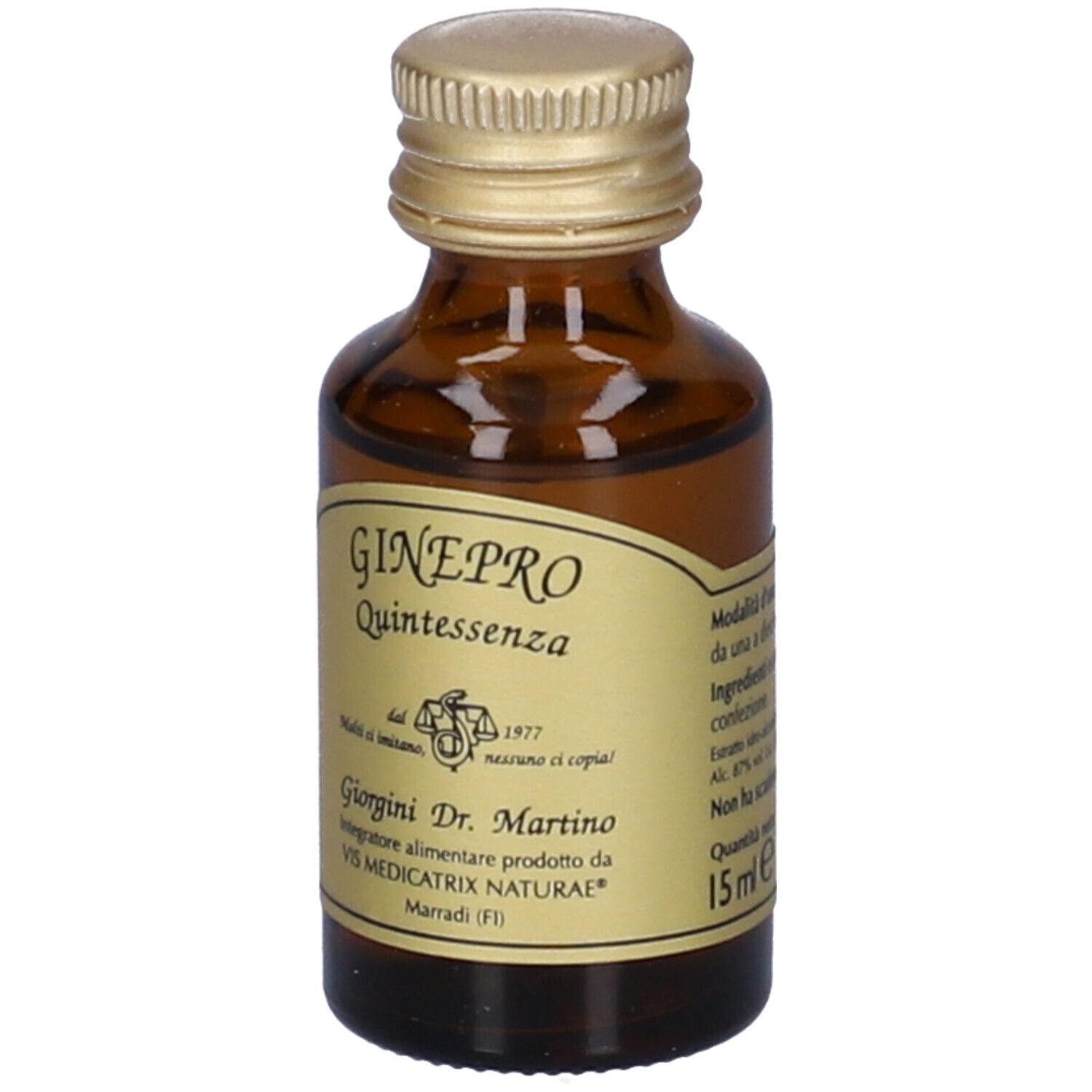 Flacone di vetro marrone con tappo dorato. Etichetta con nome del prodotto e informazioni del produttore.