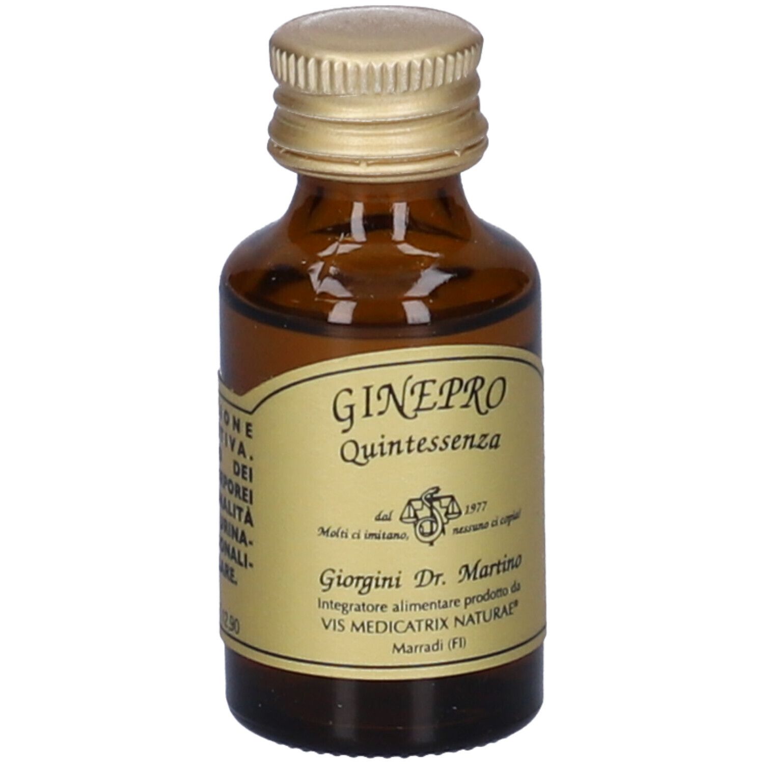 Flacone di vetro marrone con tappo dorato. Etichetta con nome del prodotto e informazioni del produttore.