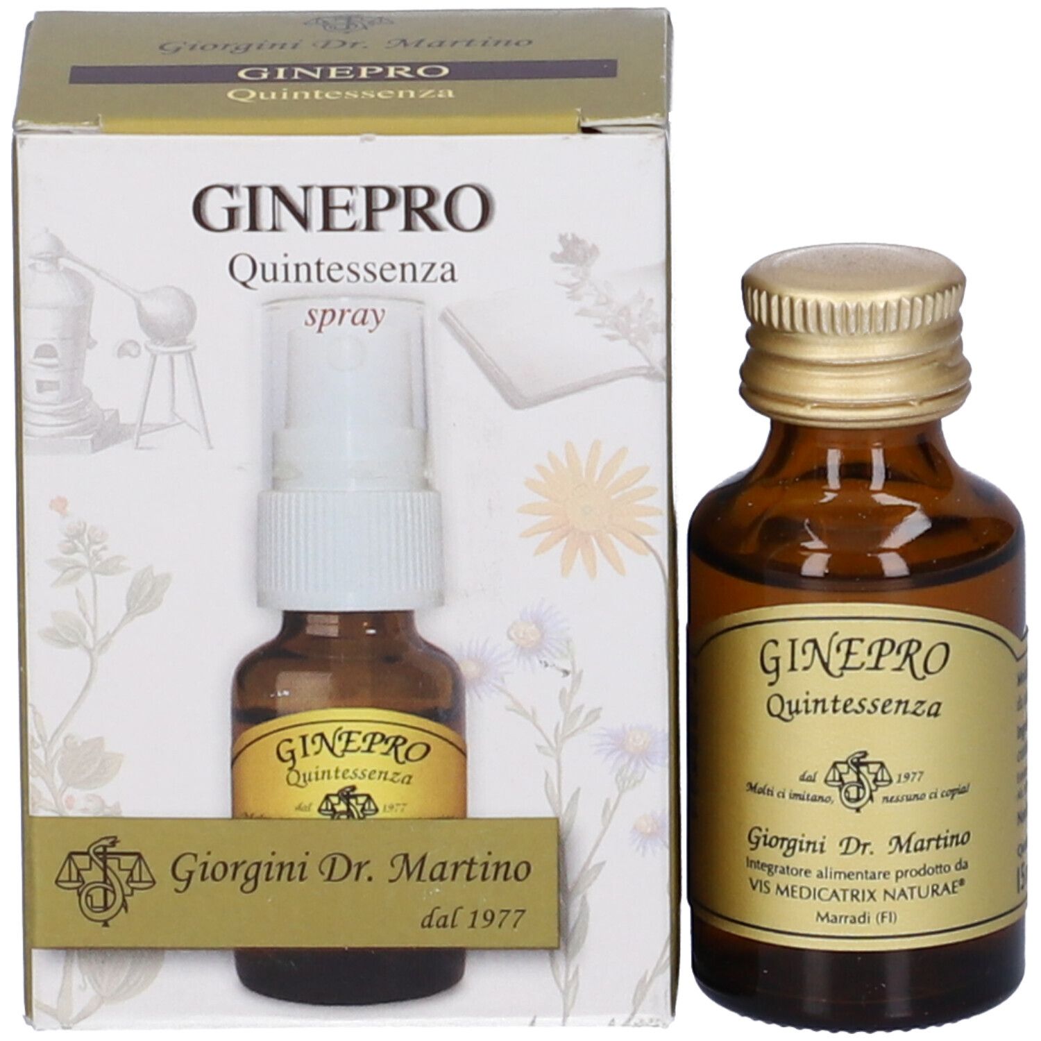 Confezione del prodotto con flacone e spray. Scritta: Ginepro Quintessenza Spray.