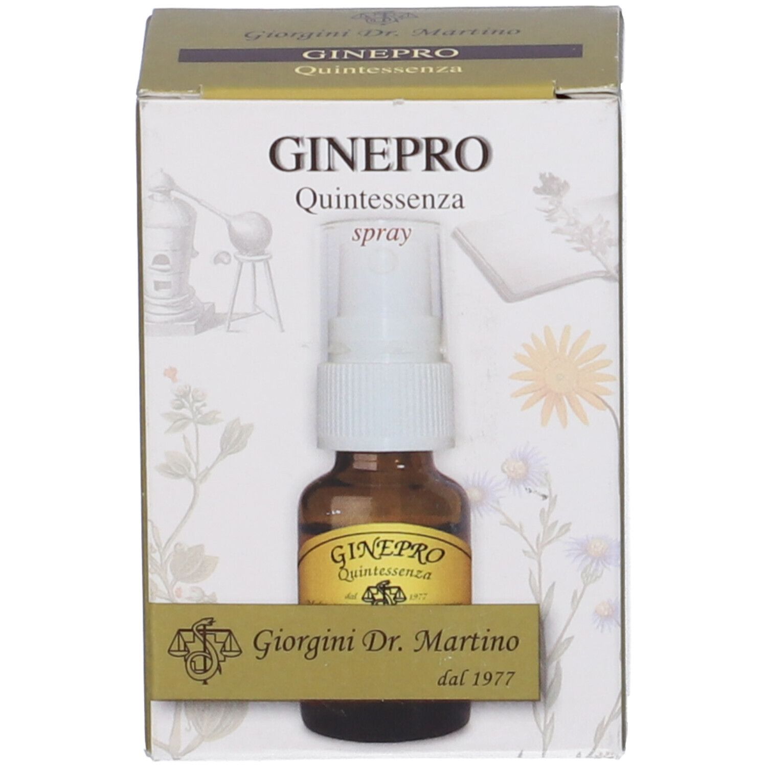 Confezione del prodotto con flacone e spray. Scritta: Ginepro Quintessenza Spray.
