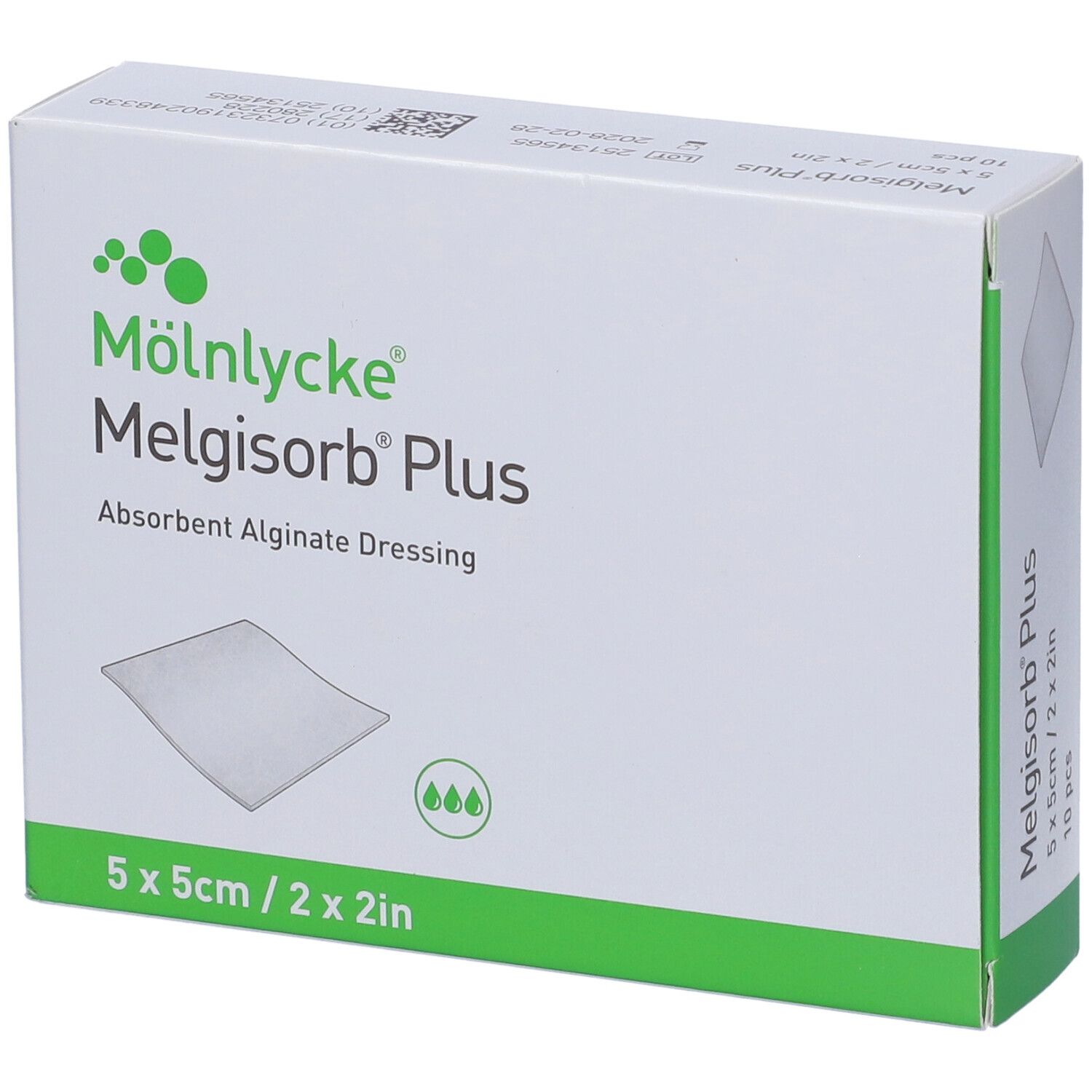 Scatola di Melgisorb Plus. Confezione verde e bianca con nome del prodotto, dimensioni e logo.
