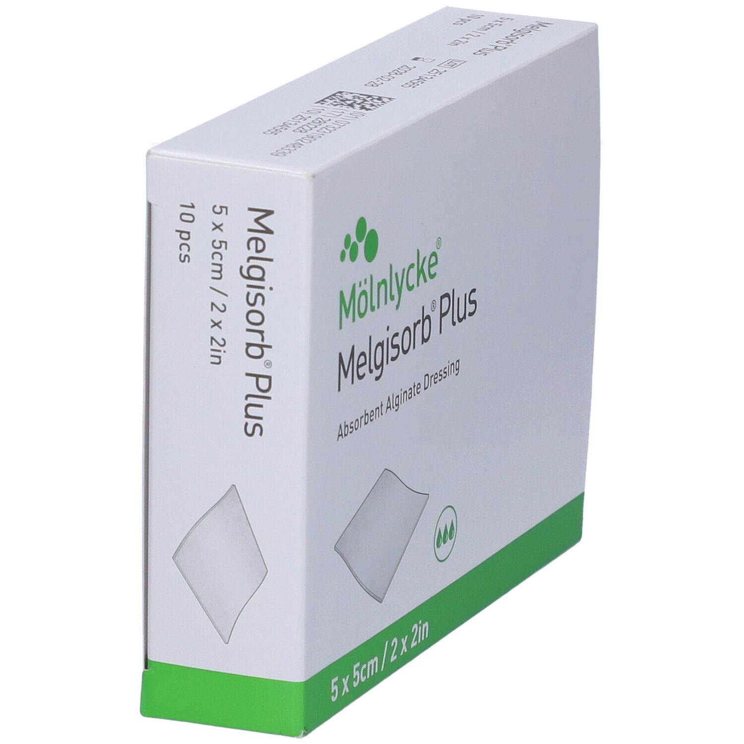 Scatola di Melgisorb Plus. Confezione verde e bianca con nome del prodotto, dimensioni e logo.