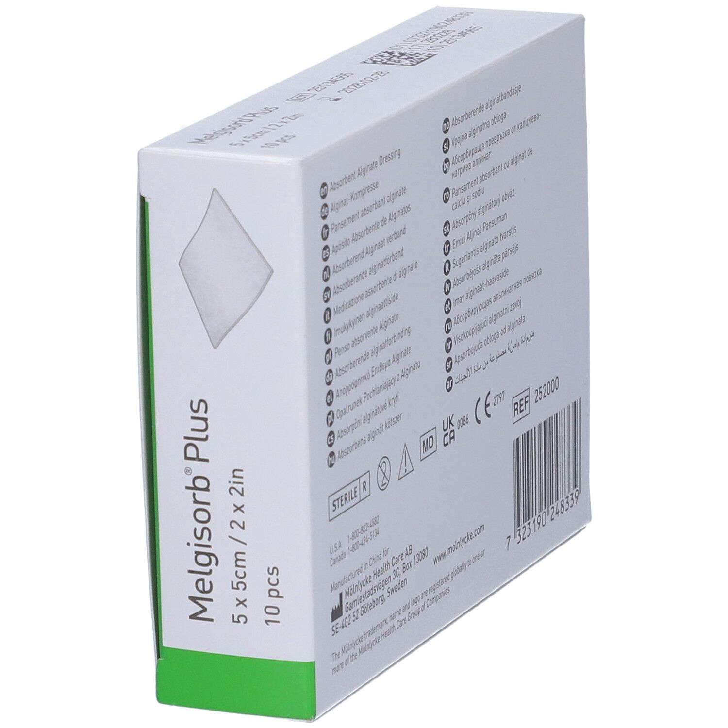 Scatola di Melgisorb Plus. Confezione verde e bianca con nome del prodotto, dimensioni e logo.