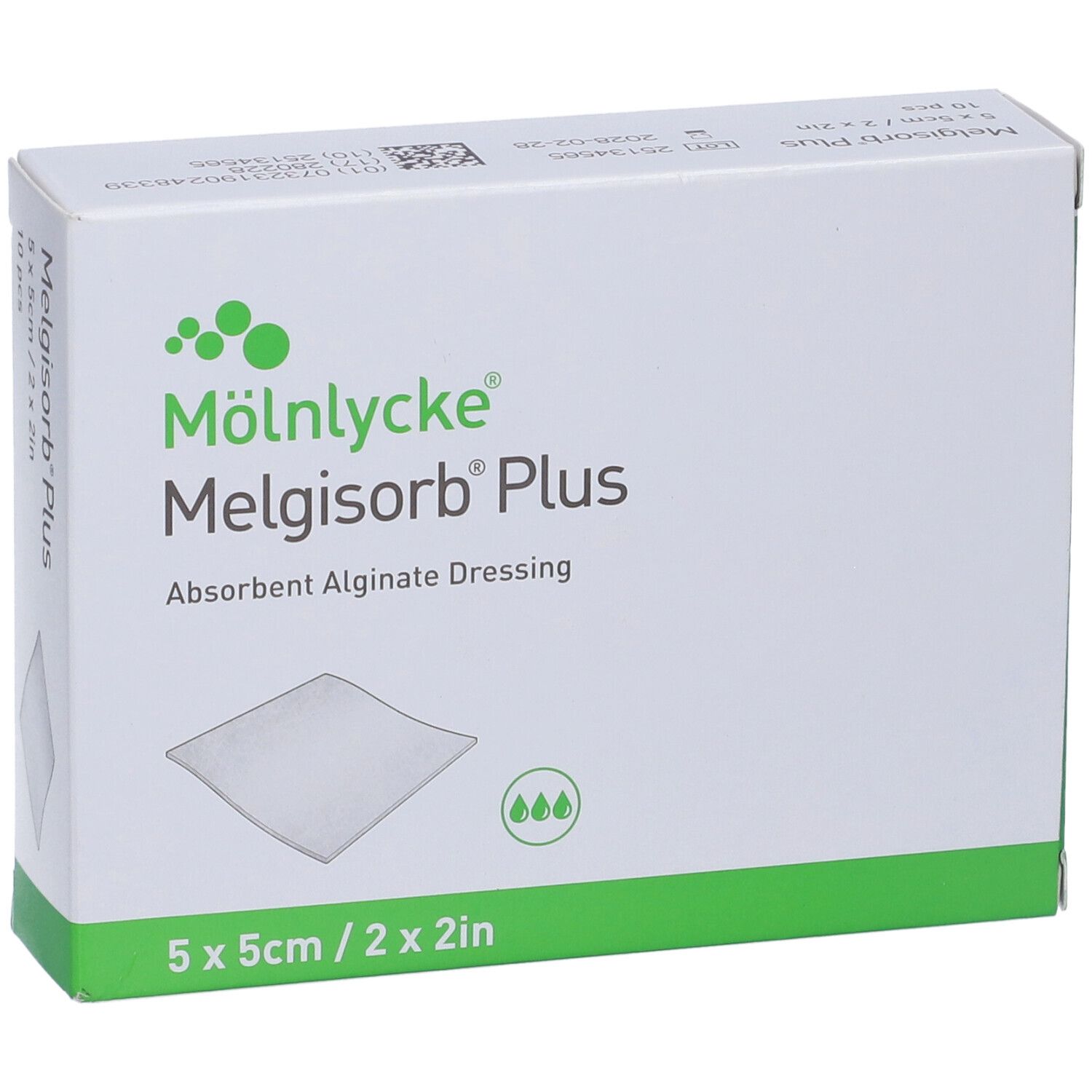 Scatola di Melgisorb Plus. Confezione verde e bianca con nome del prodotto, dimensioni e logo.