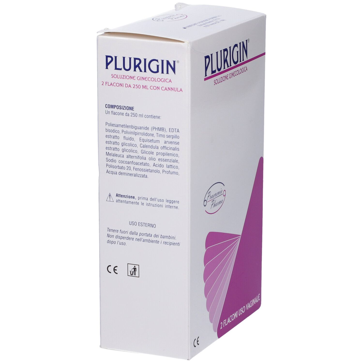Lato della confezione Plurigin. Scritta: Soluzione Ginecologica, 2 Flaconi da 250 ml con Cannula. Ingredienti.