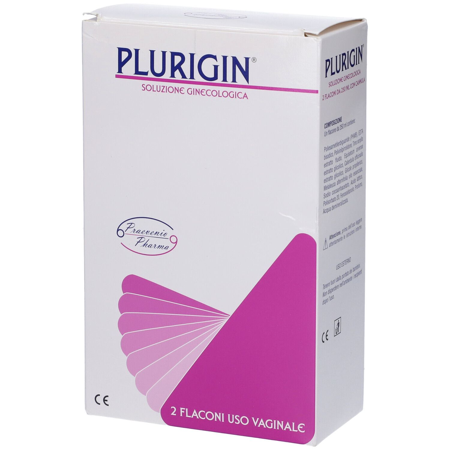 Confezione di Plurigin. Scritta: Soluzione Ginecologica, 2 Flaconi Uso Vaginale. Colori rosa e bianco.
