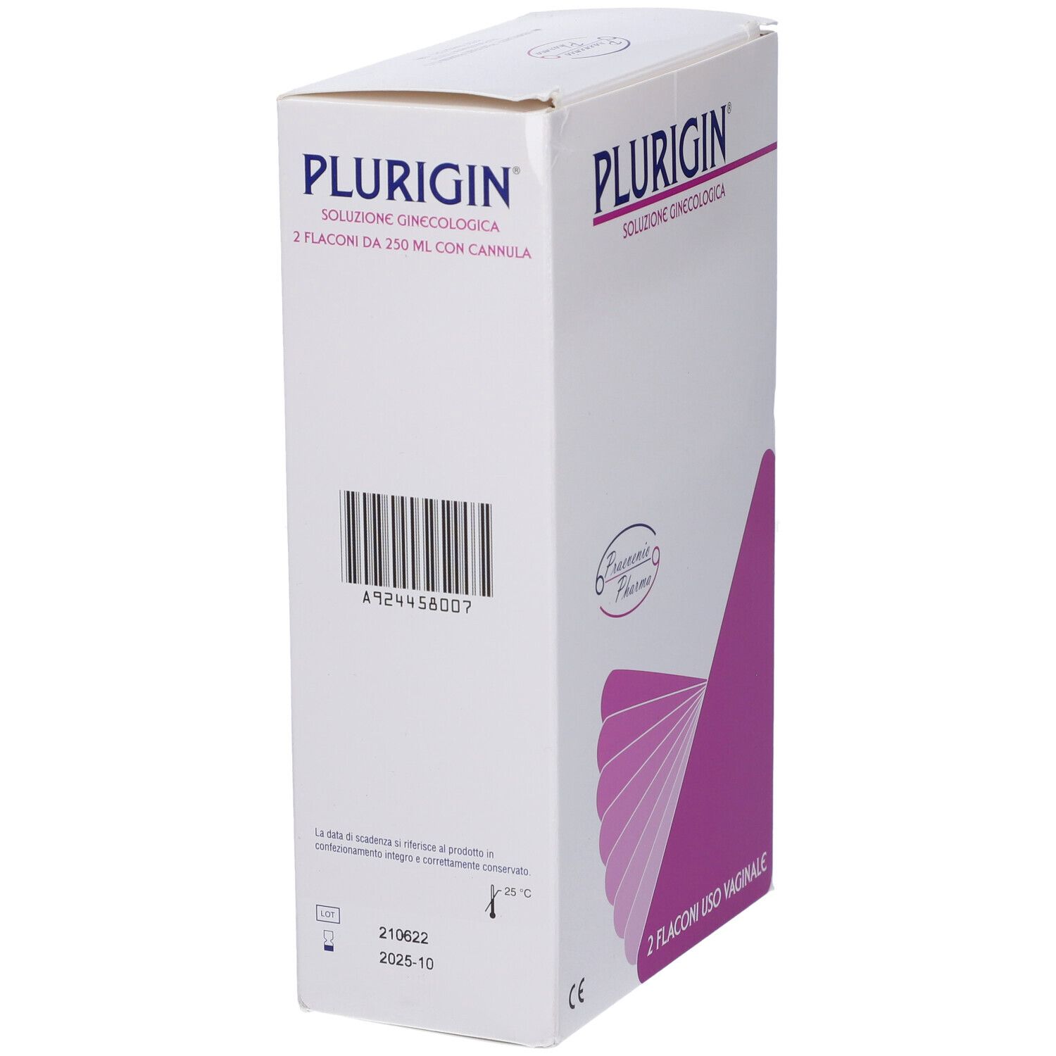 Lato della confezione Plurigin. Scritta: Soluzione Ginecologica, 2 Flaconi da 250 ml con Cannula. Codice a barre.