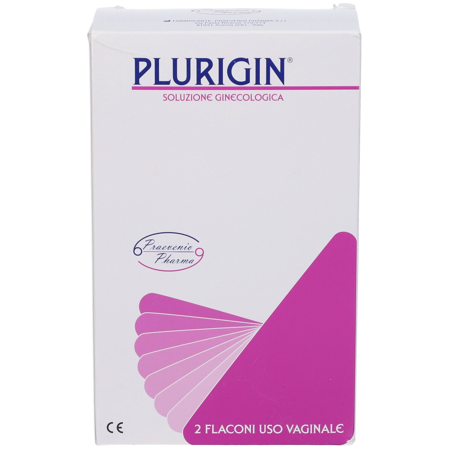 Confezione di Plurigin. Scritta: Soluzione Ginecologica, 2 Flaconi Uso Vaginale. Colori rosa e bianco.