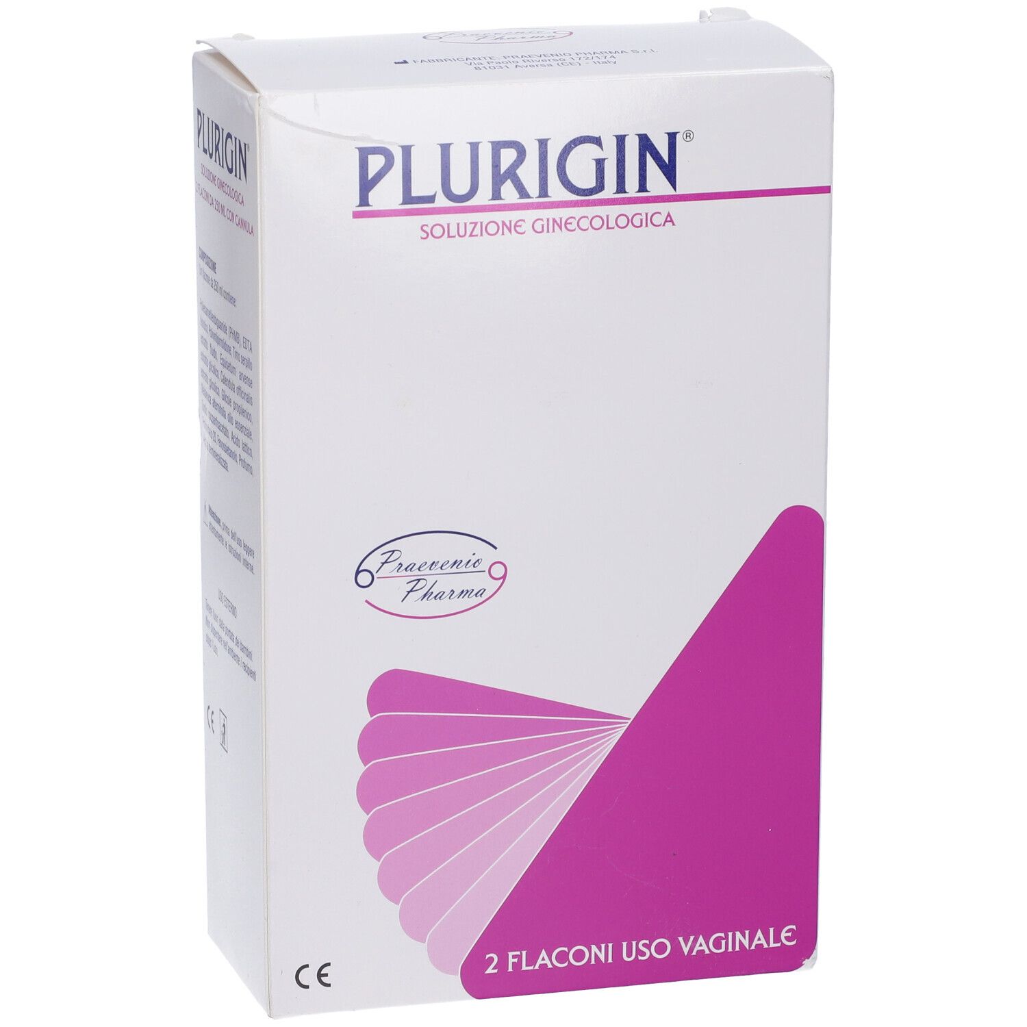 Confezione di Plurigin. Scritta: Soluzione Ginecologica, 2 Flaconi Uso Vaginale. Colori rosa e bianco.