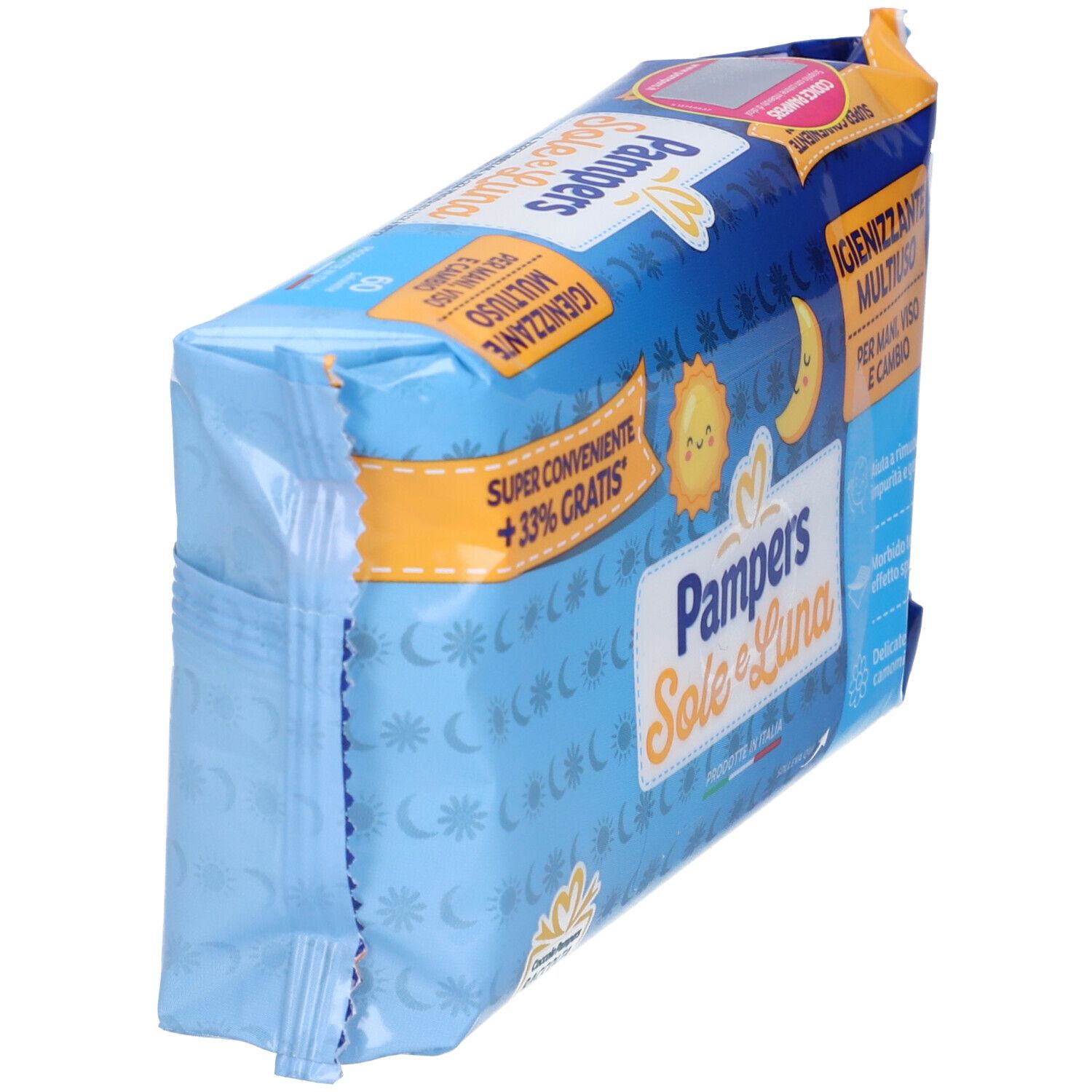 Confezione di salviette Pampers Sole e Luna, angolata. Confezione blu con sole, luna e informazioni.