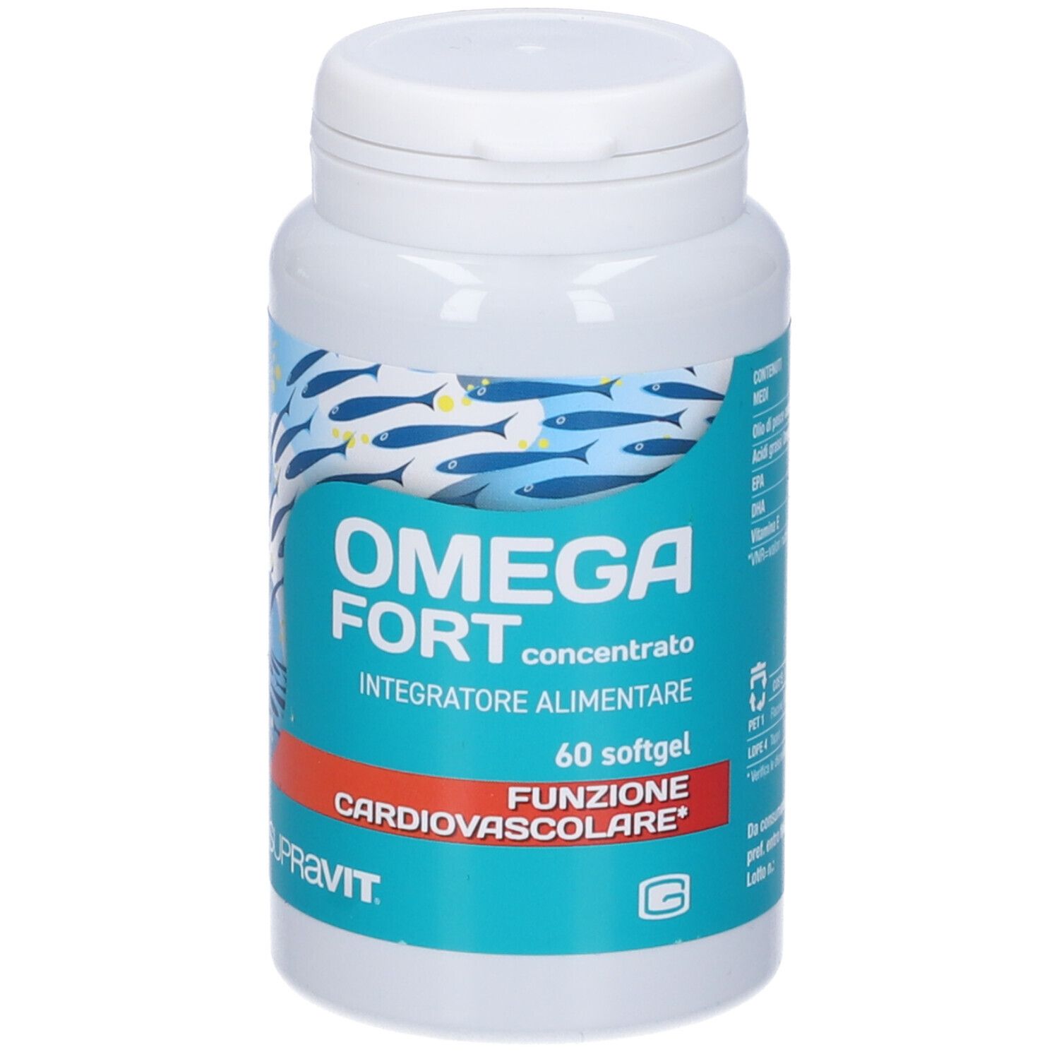 Flacone bianco con capsule. Scritta: OMEGA FORT, 60 softgel, SUPRAVIT.