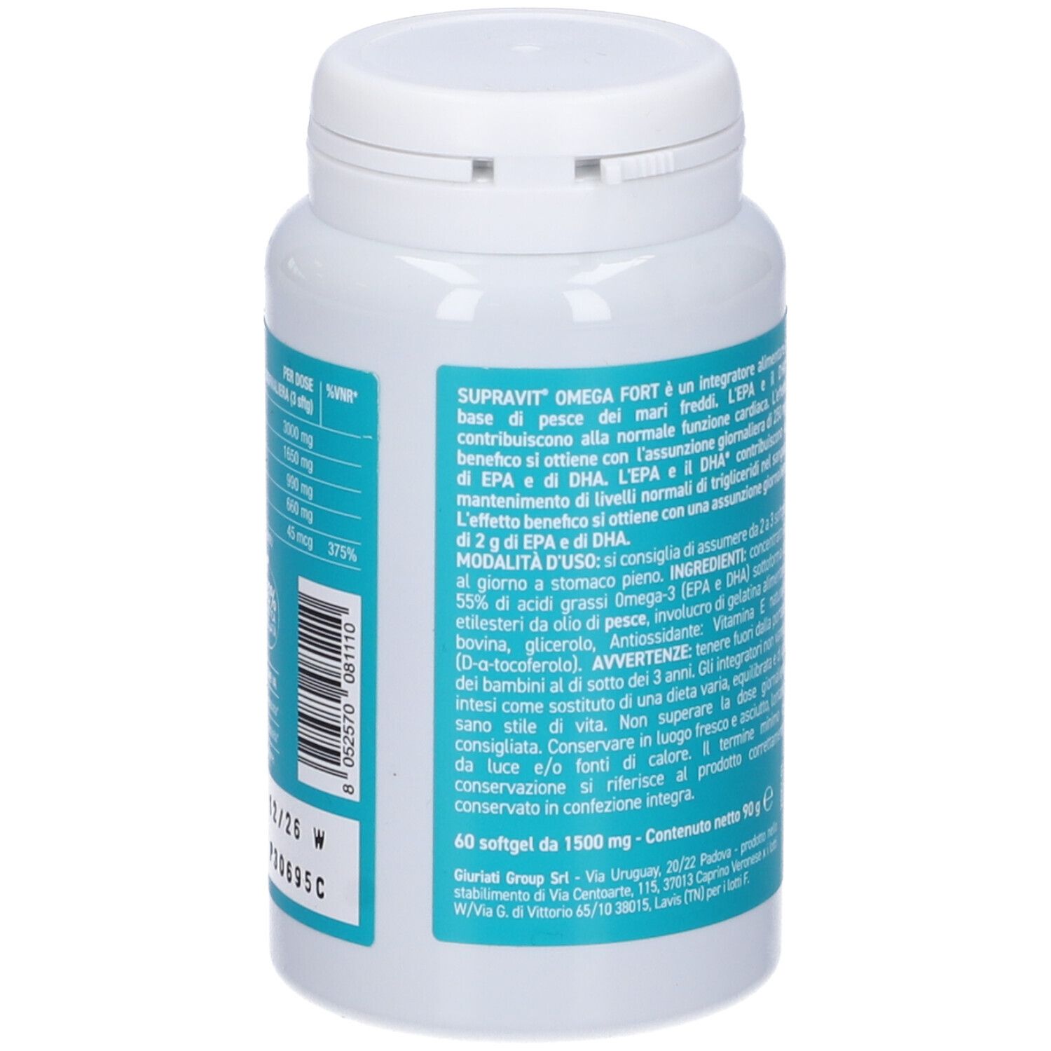 Flacone bianco con capsule. Scritta: OMEGA FORT, 60 softgel, SUPRAVIT.