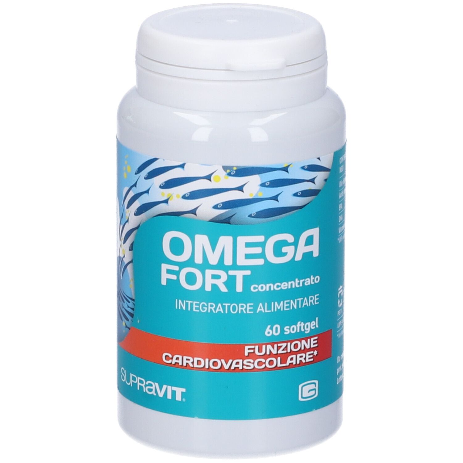 Flacone bianco con capsule. Scritta: OMEGA FORT, 60 softgel, SUPRAVIT.