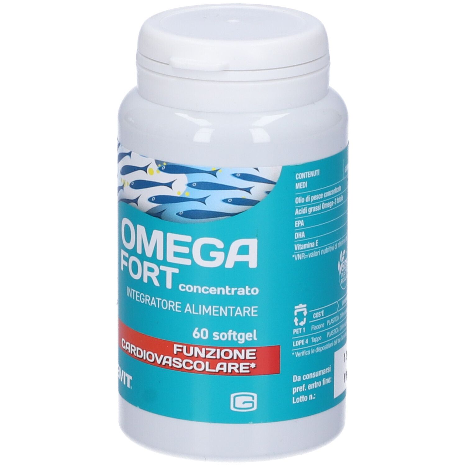 Flacone bianco con capsule. Scritta: OMEGA FORT, 60 softgel, SUPRAVIT.