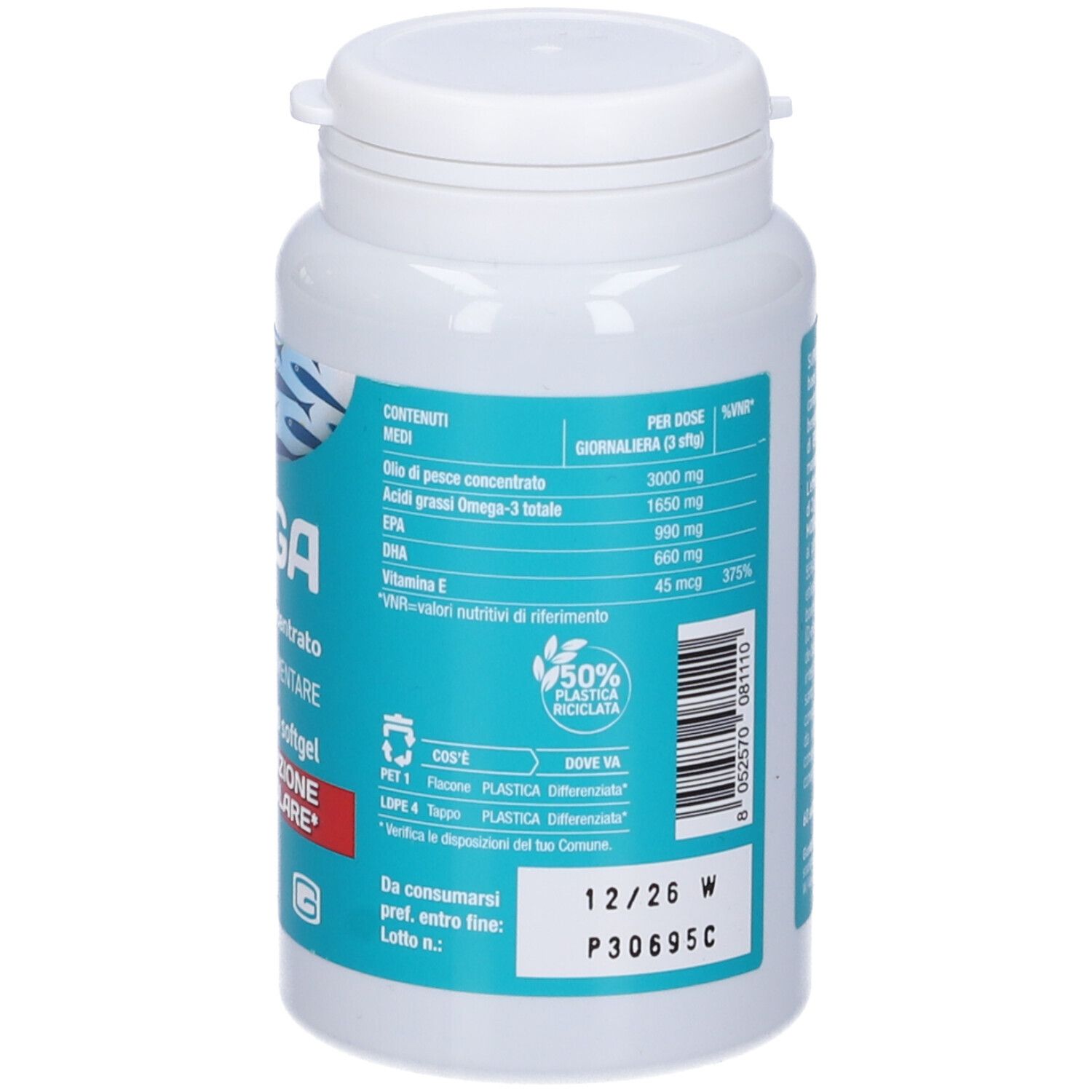 Flacone bianco con capsule. Scritta: OMEGA FORT, 60 softgel, SUPRAVIT.